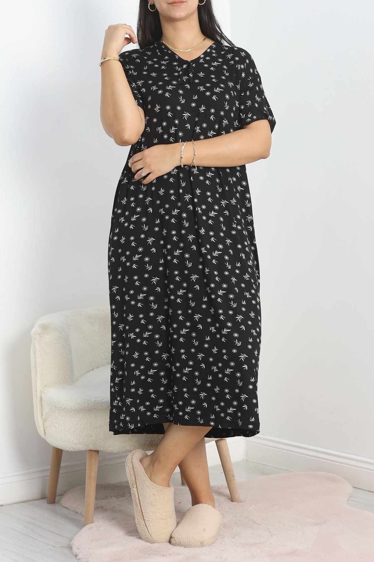Büyük Beden Desenli Viskon Gecelik Elbise Siyahbeyaz - 70606.1048.