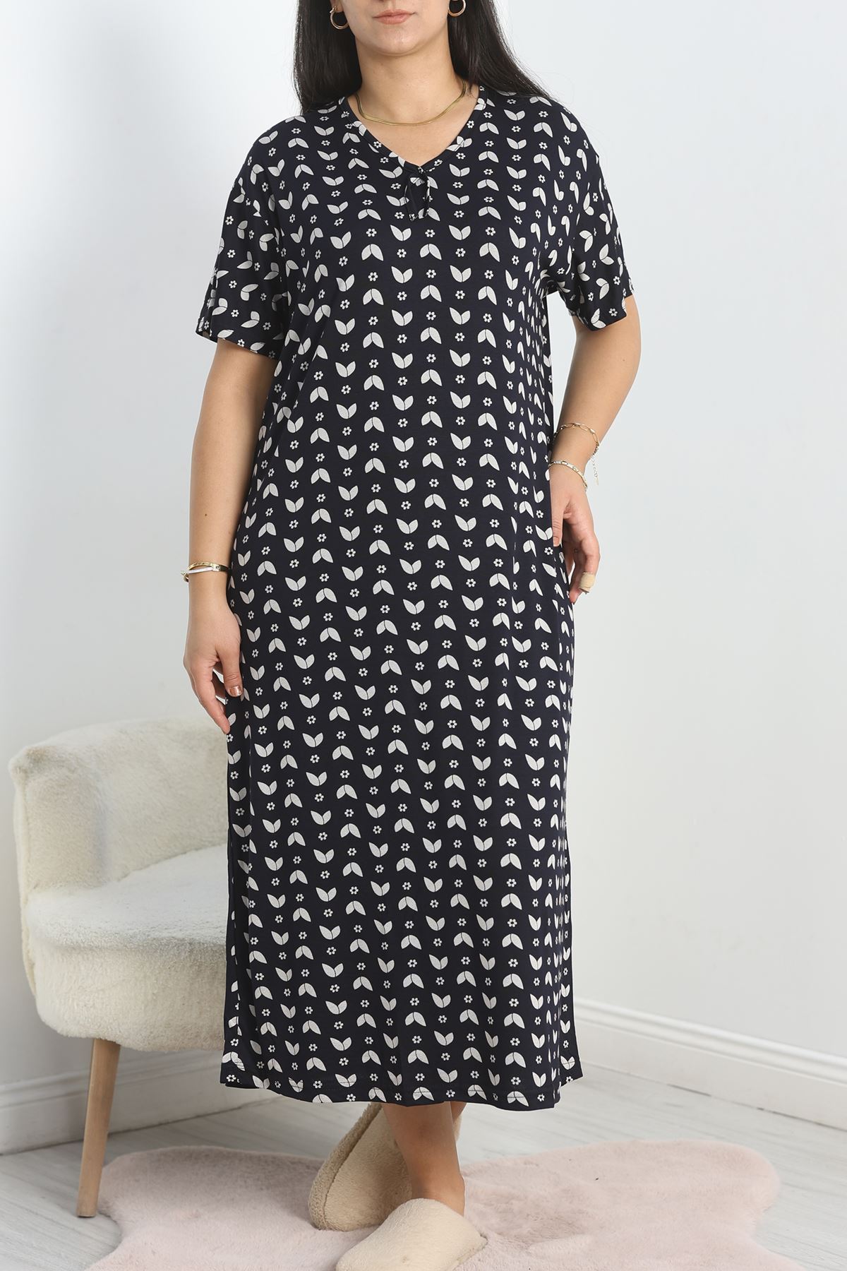 Büyük Beden Desenli Viskon Gecelik Elbise Beyazsiyah - 70606.1048.