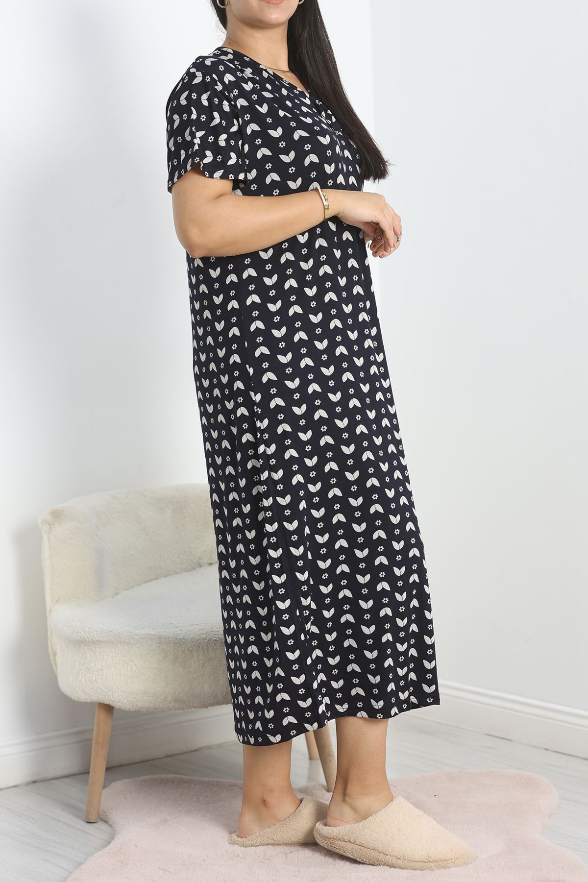 Büyük Beden Desenli Viskon Gecelik Elbise Beyazsiyah - 70606.1048.