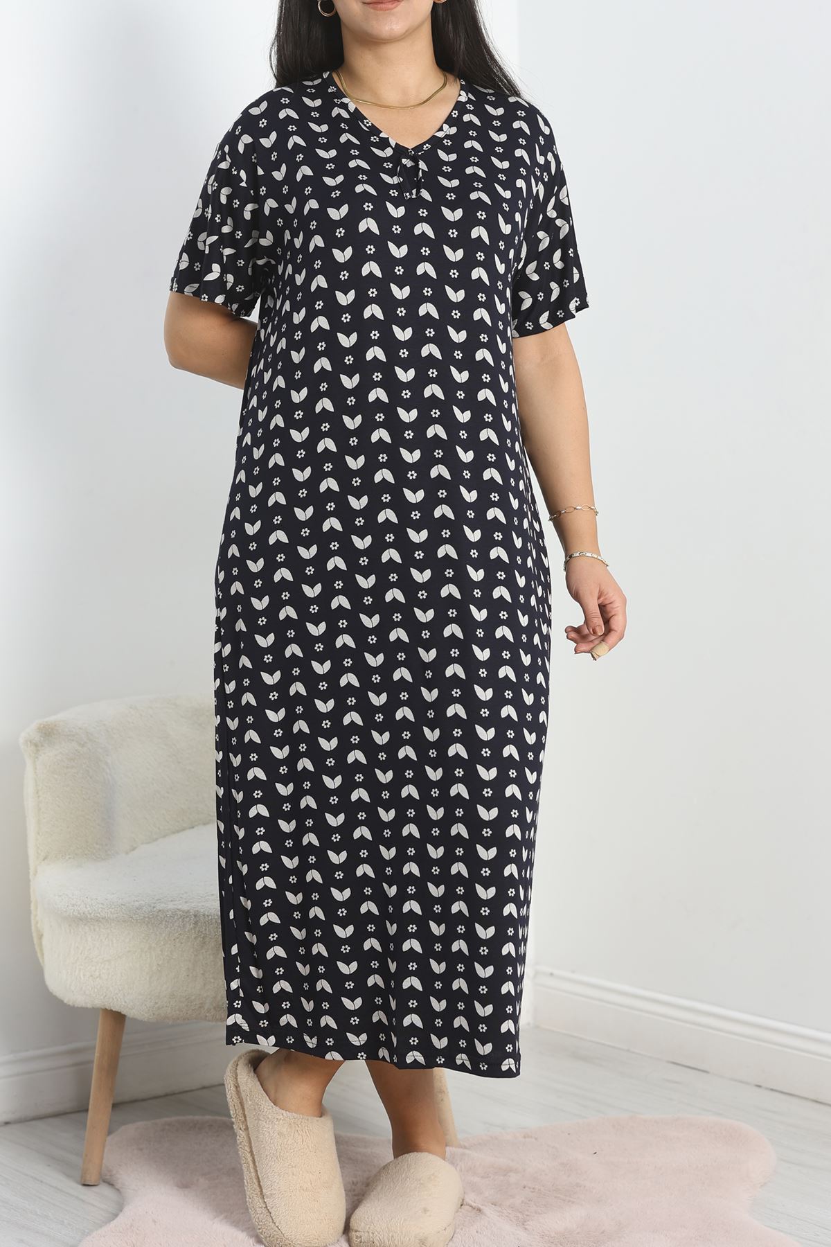 Büyük Beden Desenli Viskon Gecelik Elbise Beyazsiyah - 70606.1048.