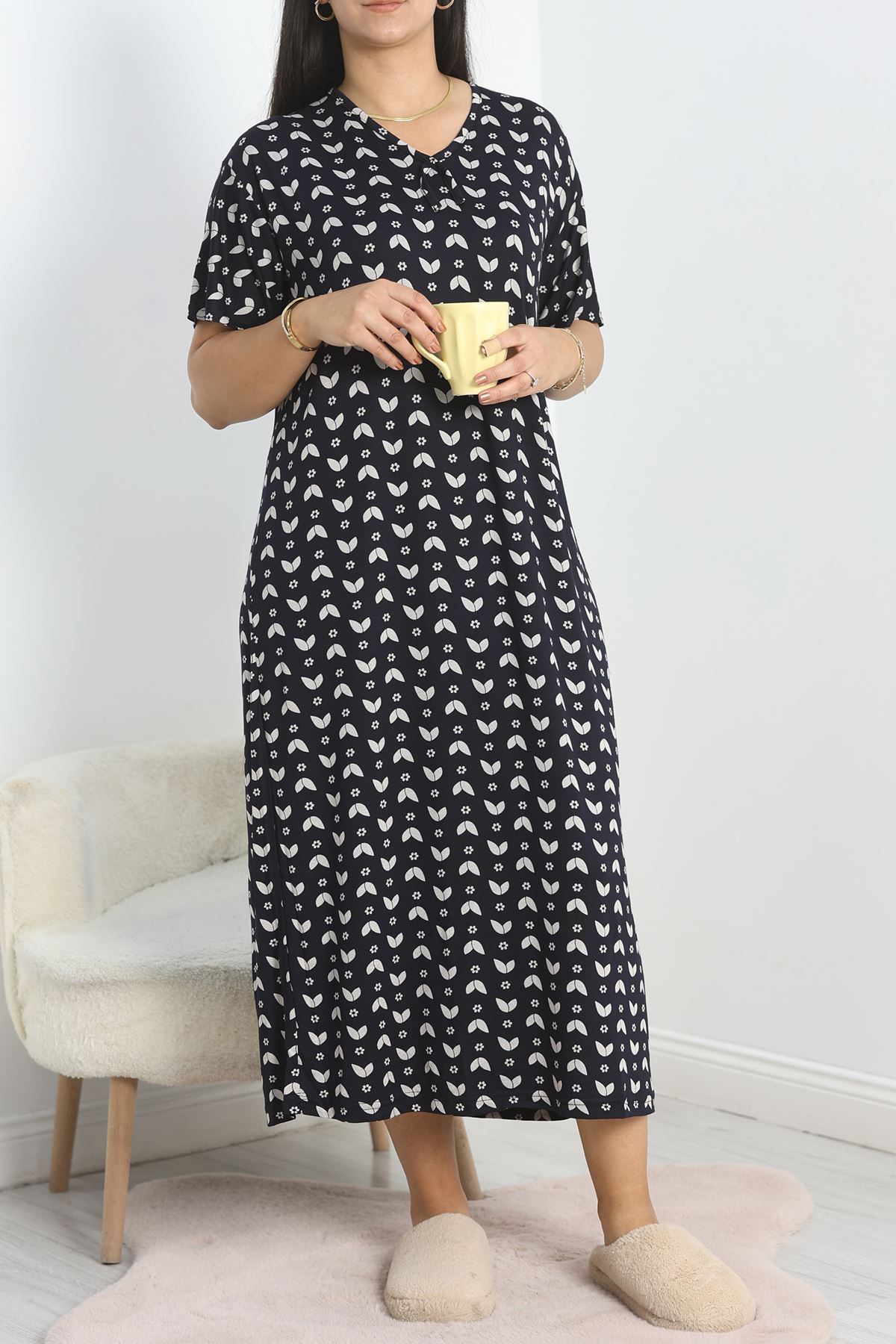 Büyük Beden Desenli Viskon Gecelik Elbise Beyazsiyah - 70606.1048.