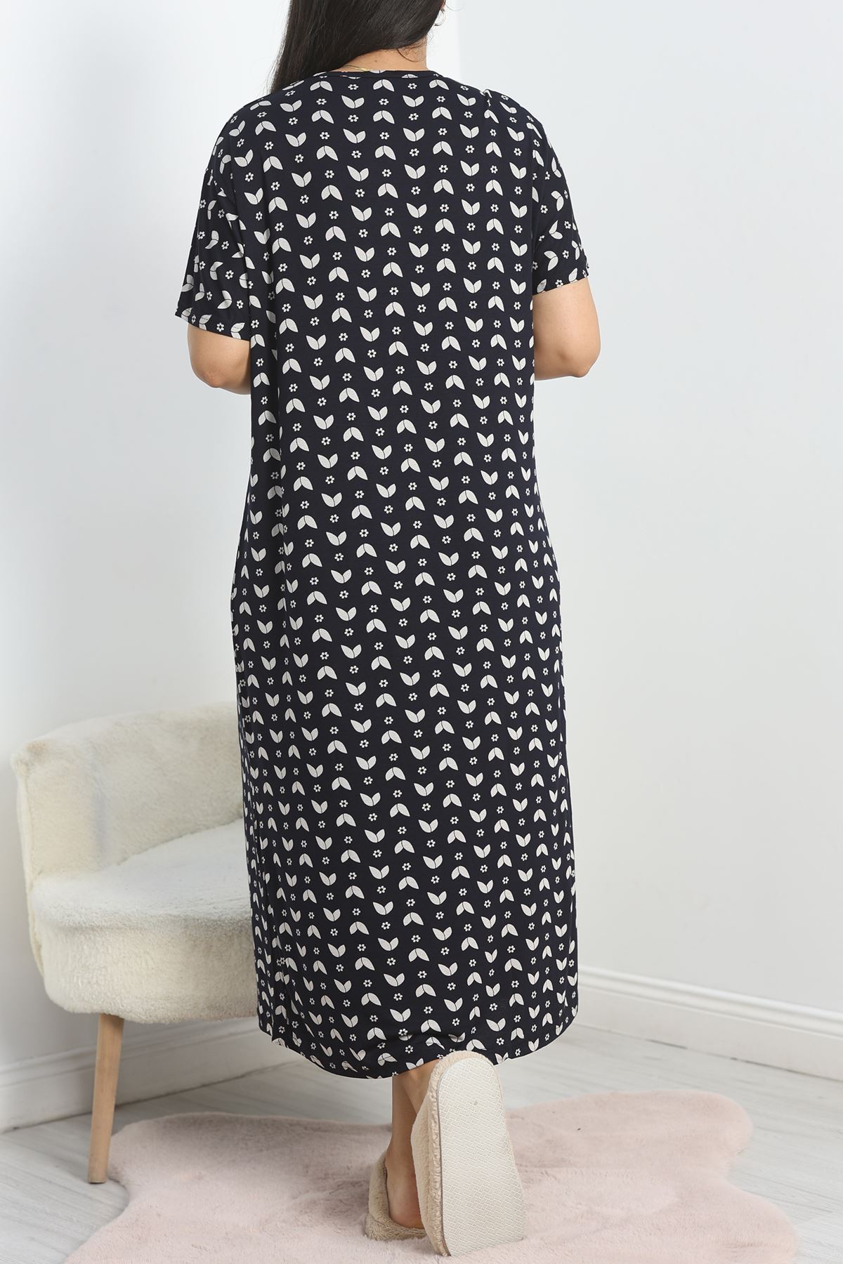 Büyük Beden Desenli Viskon Gecelik Elbise Beyazsiyah - 70606.1048.