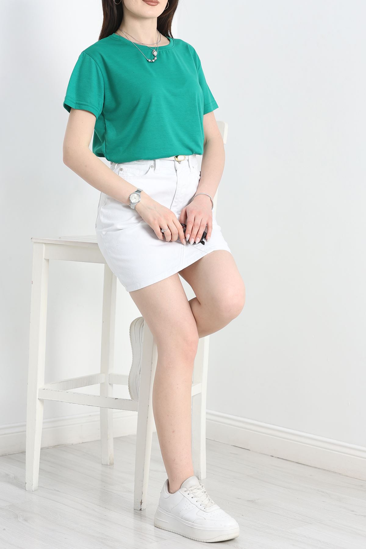 Yanı Yırtmaçlı Bisiklet Yaka Tunik Yeşil - 70118.1878.