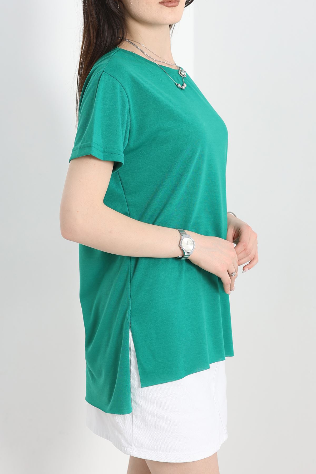 Yanı Yırtmaçlı Bisiklet Yaka Tunik Yeşil - 70118.1878.