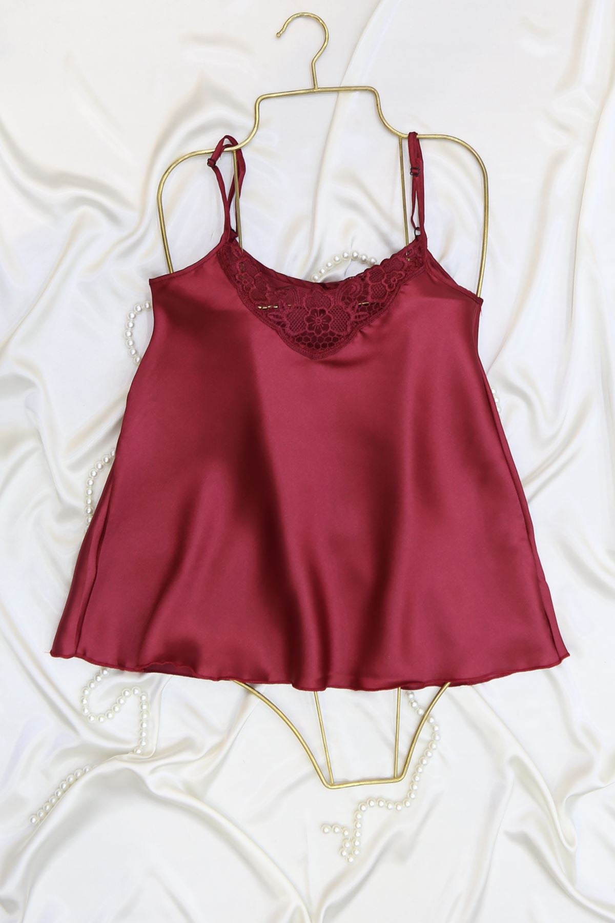 Güpürlü Saten Üst Gecelik Bordo - 1179.1364.