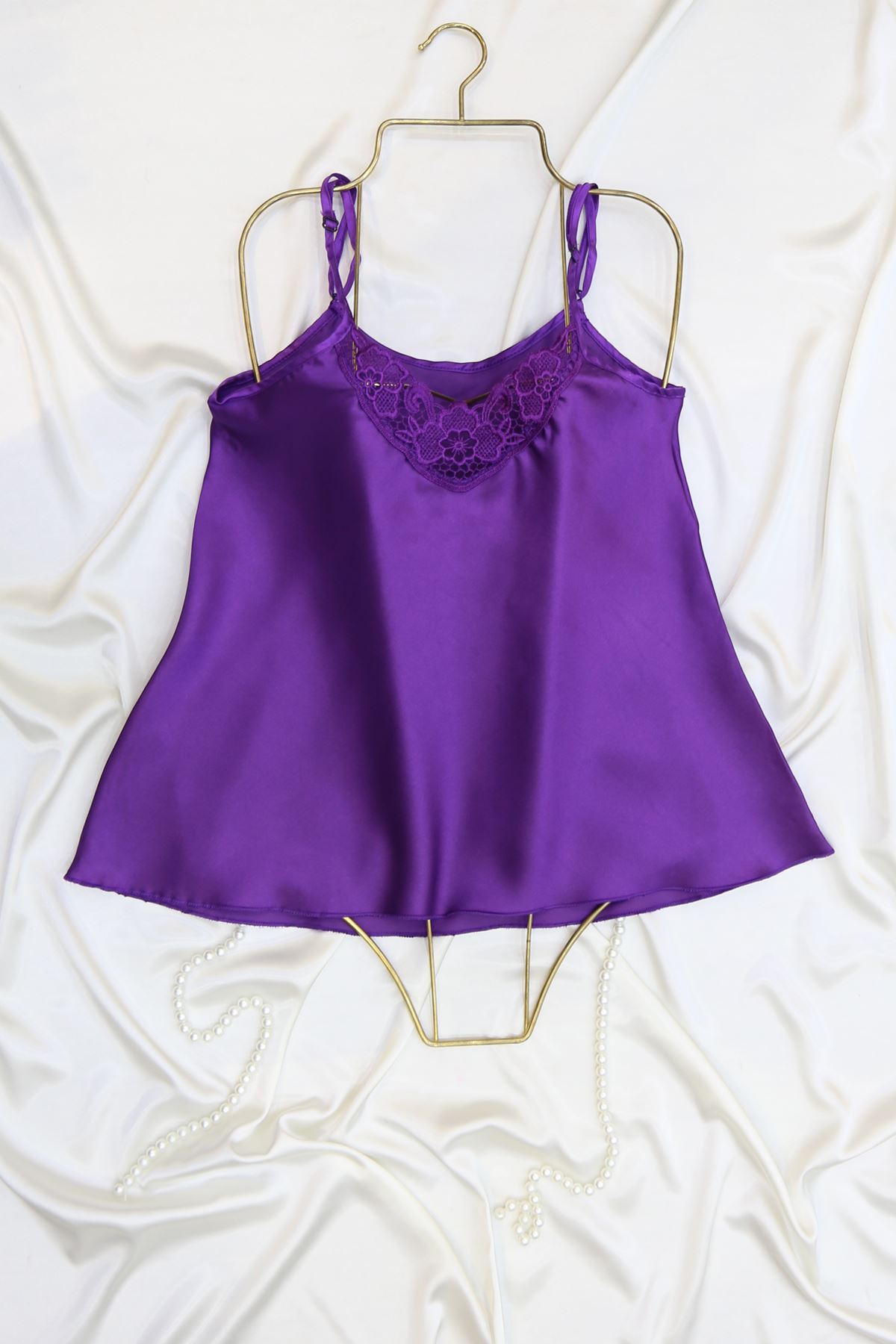 Güpürlü Saten Üst Gecelik Mor - 1179.1364.