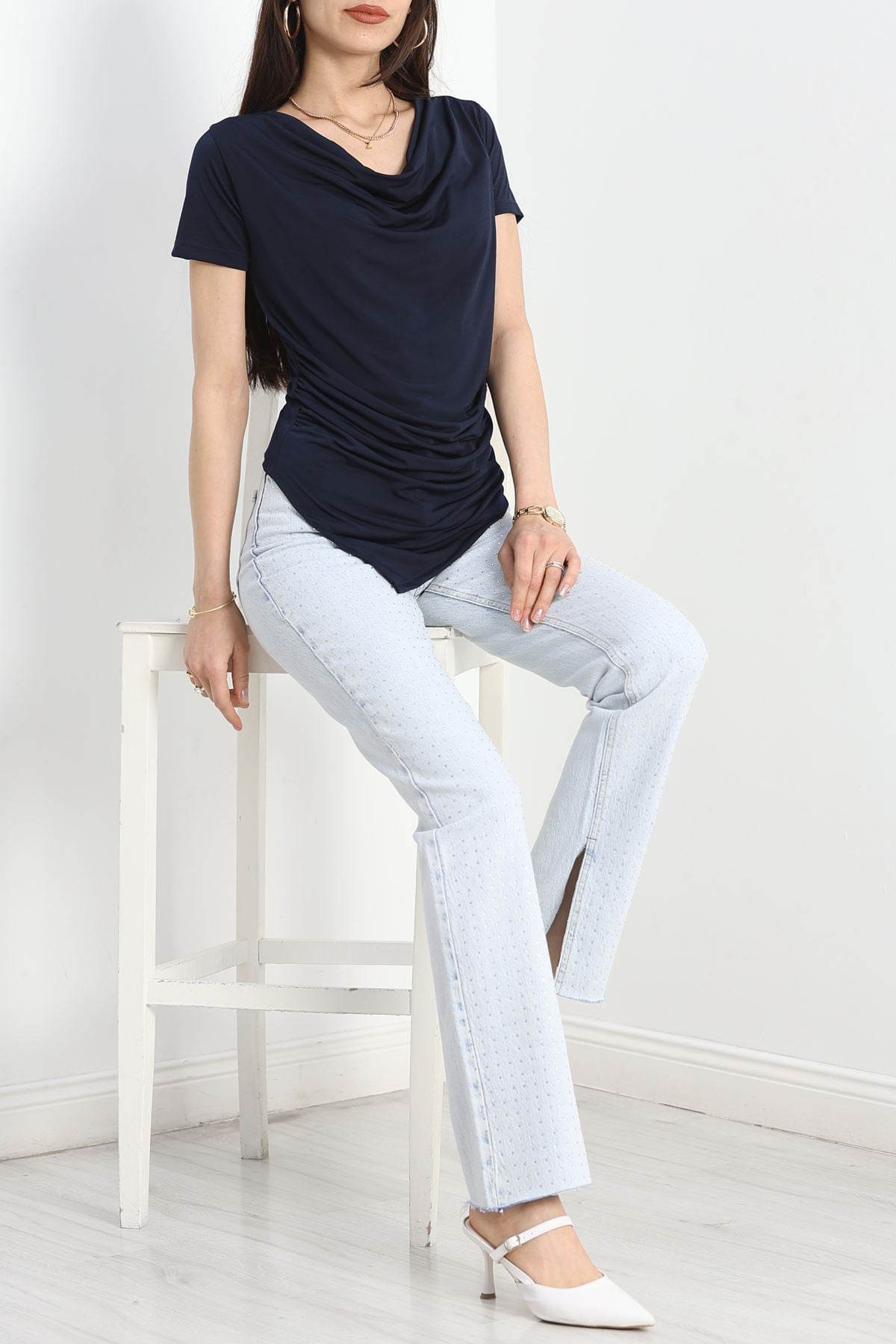 Drape Yaka Sandy Bluz  Lacivert - 70256.1949.