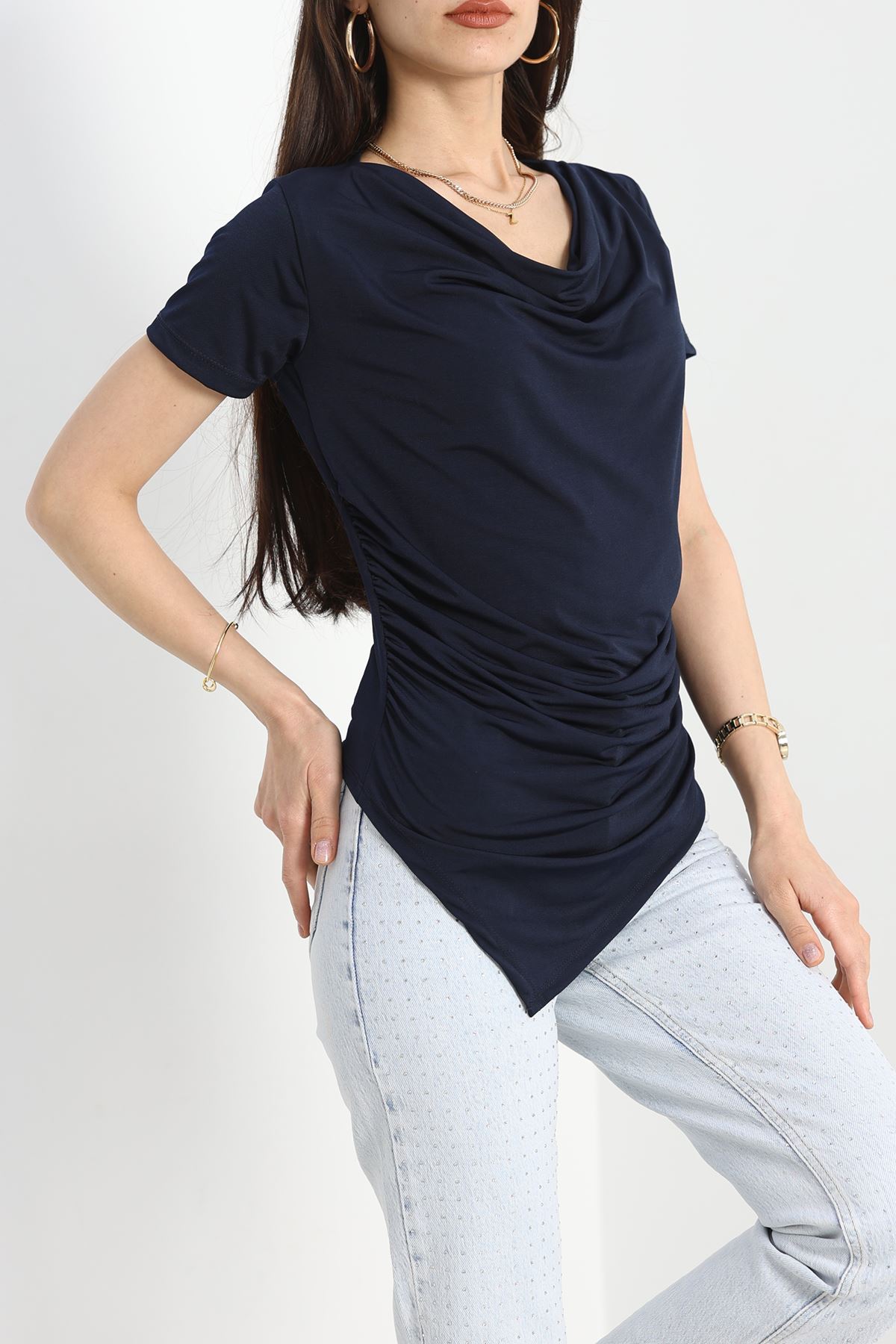 Drape Yaka Sandy Bluz  Lacivert - 70256.1949.