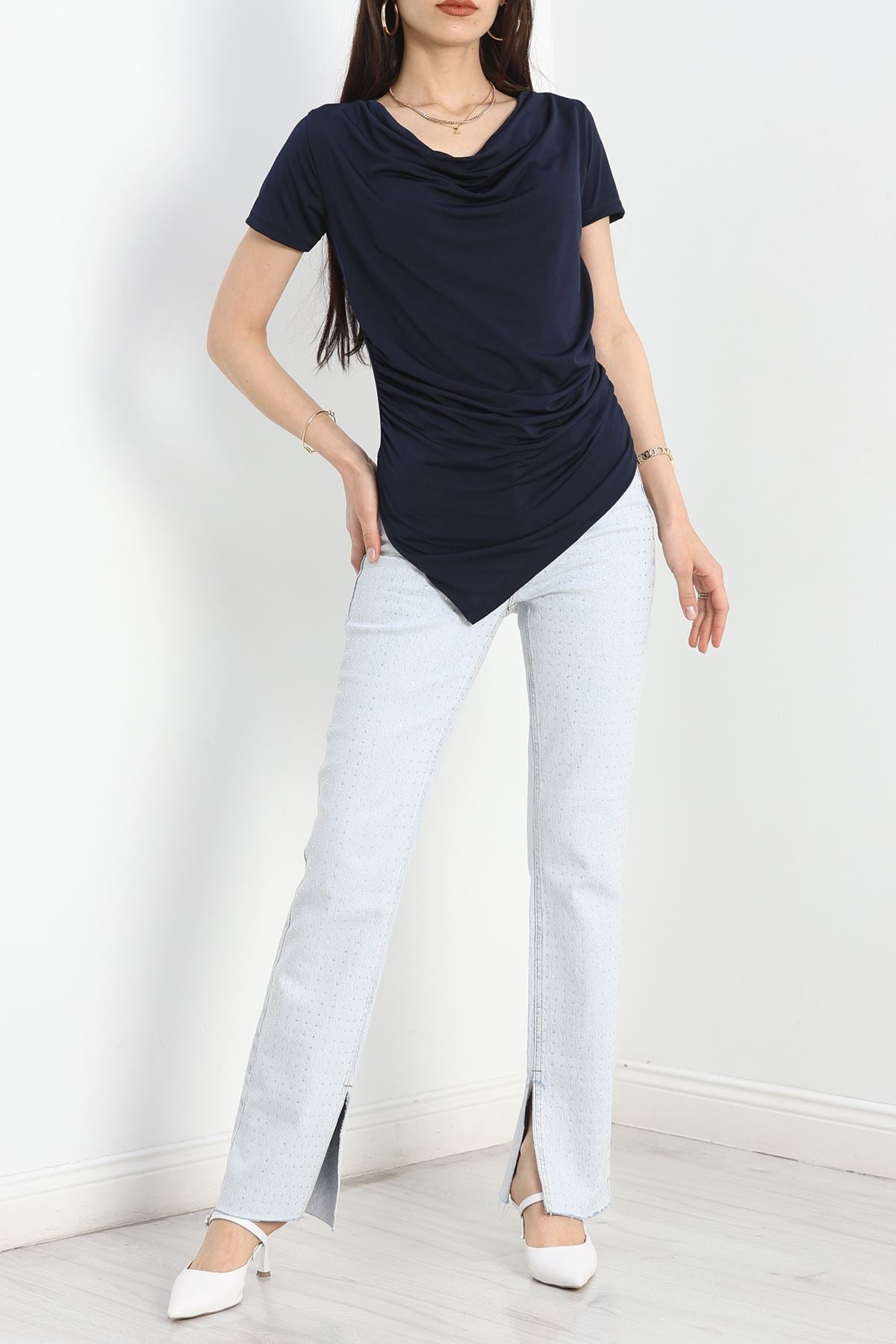 Drape Yaka Sandy Bluz  Lacivert - 70256.1949.