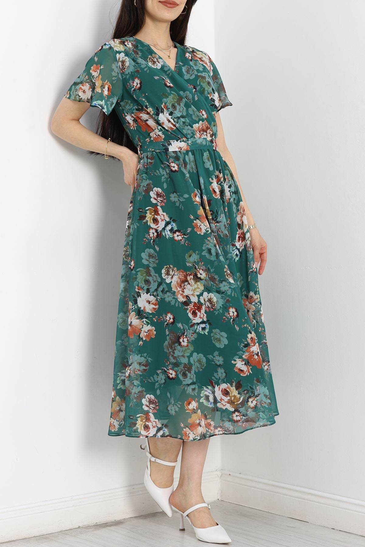 Kruvaze Şifon Elbise Zümrüt - 5078.1322.