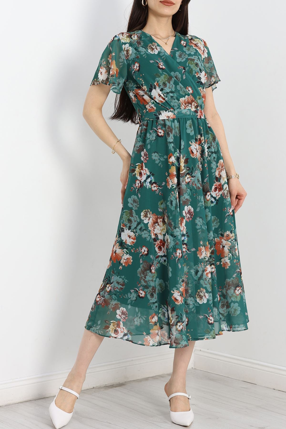 Kruvaze Şifon Elbise Zümrüt - 5078.1322.