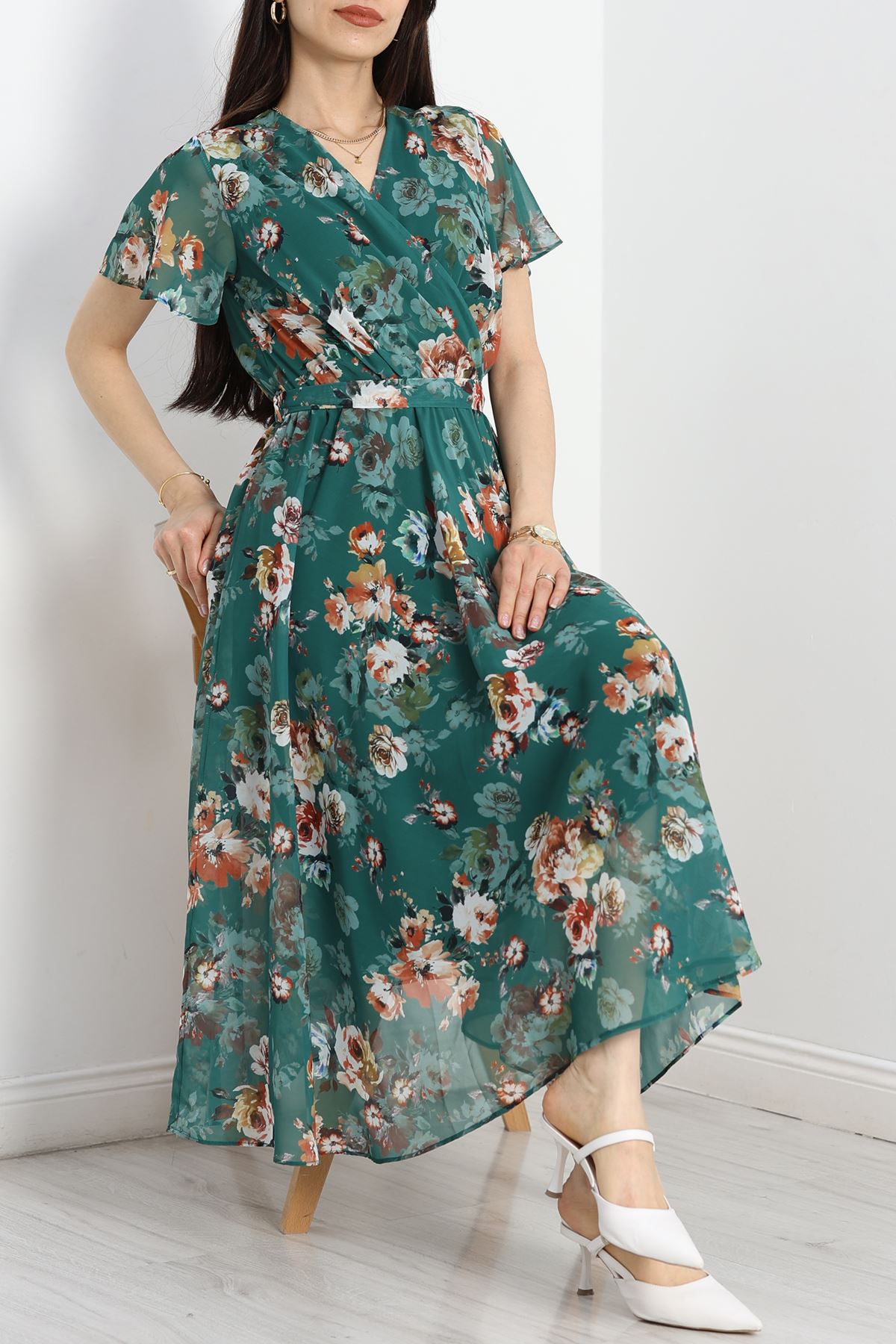 Kruvaze Şifon Elbise Zümrüt - 5078.1322.