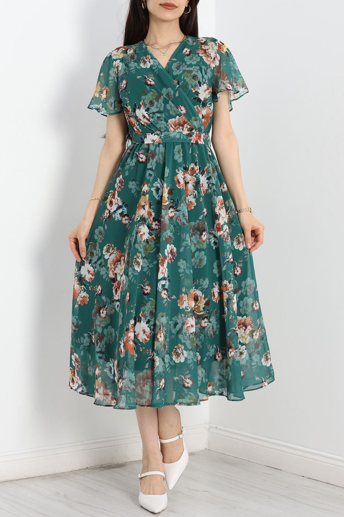 Kruvaze Şifon Elbise Zümrüt - 5078.1322.