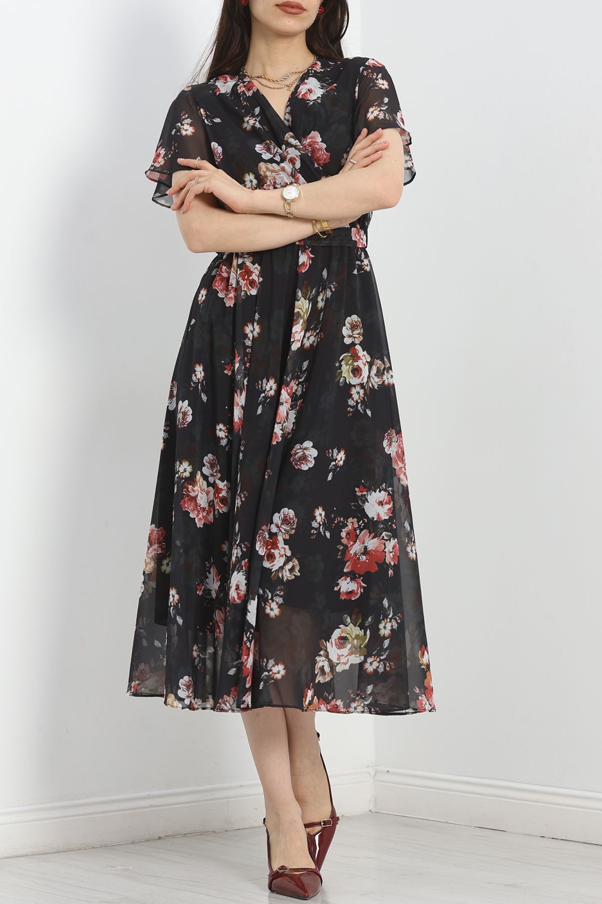 Kruvaze Şifon Elbise Siyah - 5078.1322.