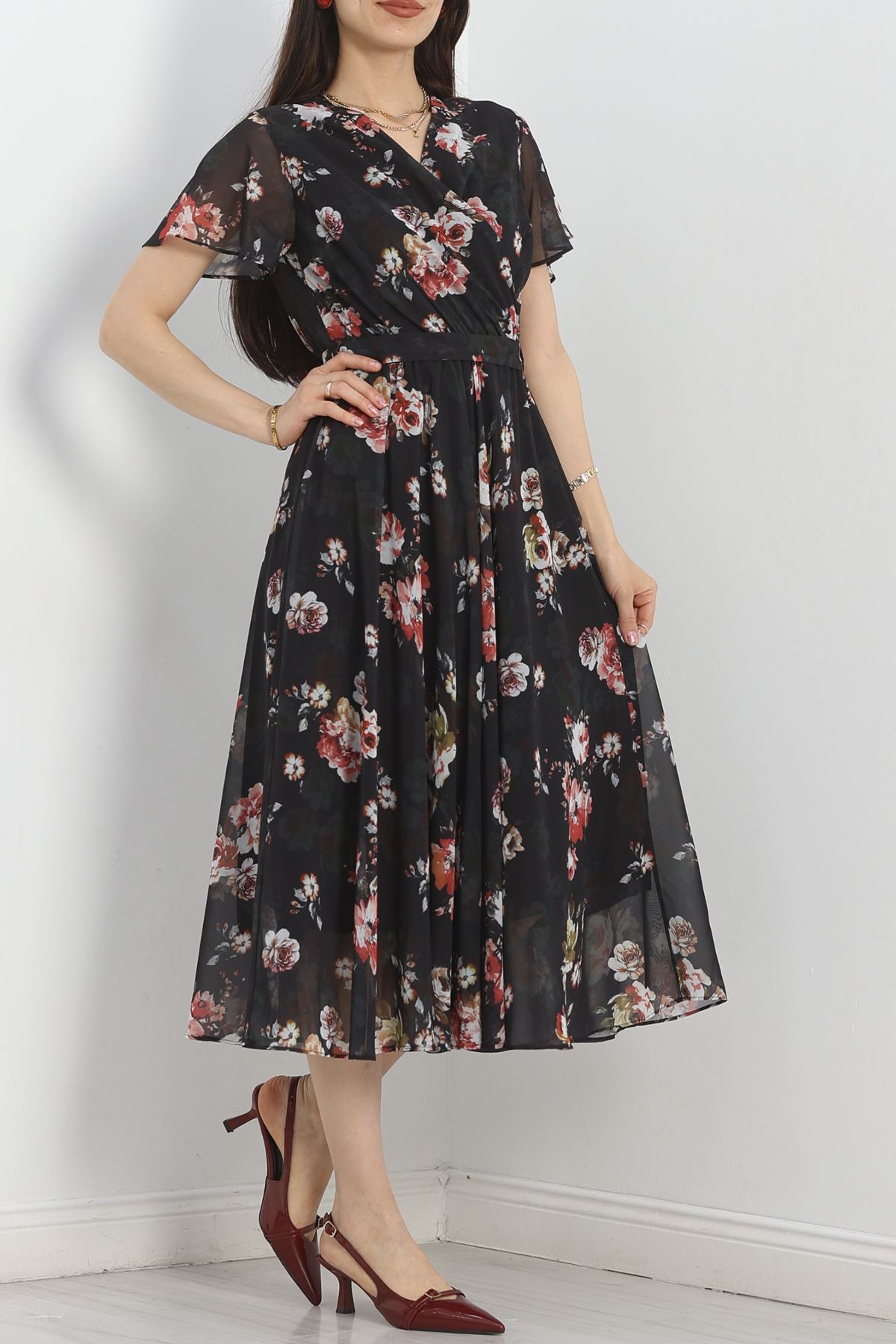 Kruvaze Şifon Elbise Siyah - 5078.1322.