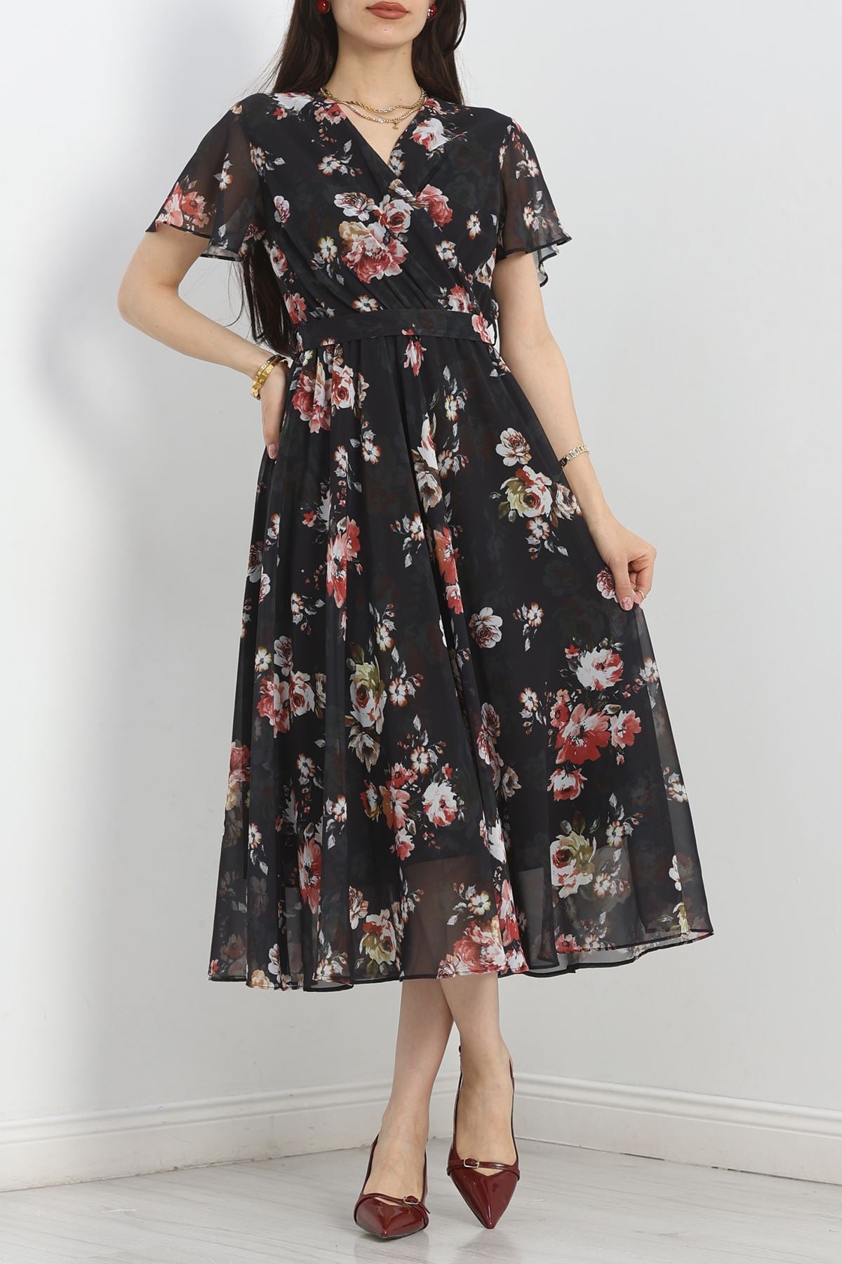 Kruvaze Şifon Elbise Siyah - 5078.1322.