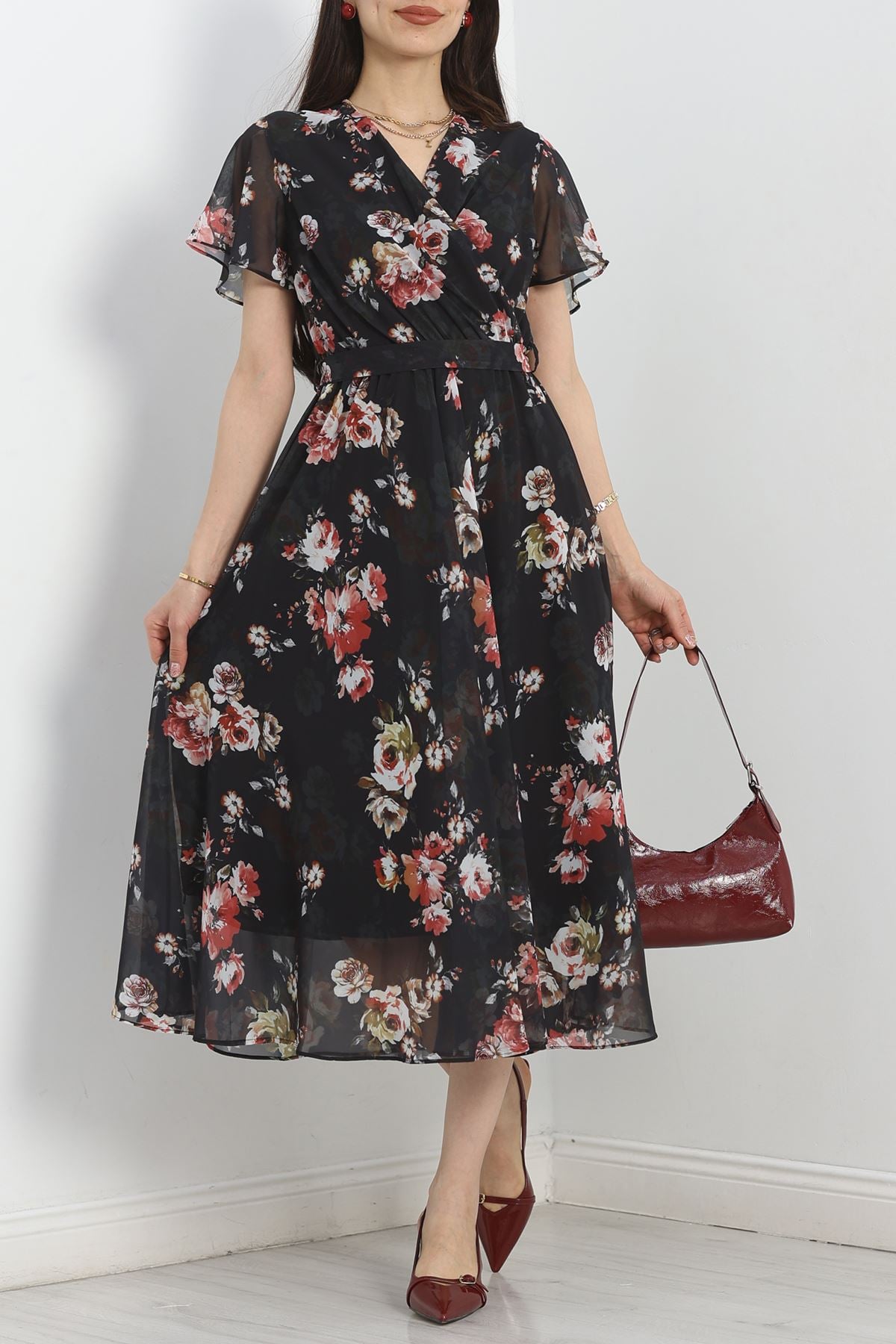 Kruvaze Şifon Elbise Siyah - 5078.1322.