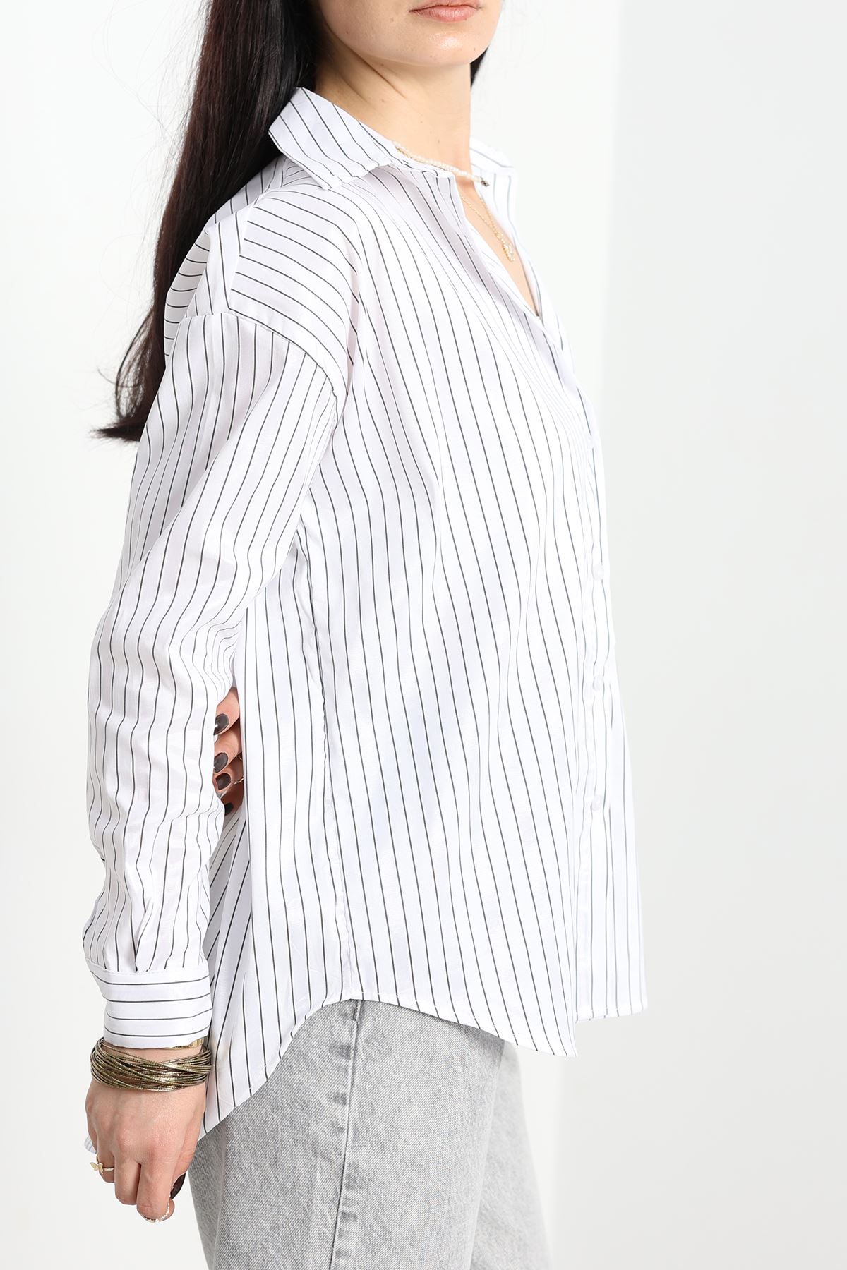 Çizgili Terikoton Gömlek Beyazsiyah - 80018.147.
