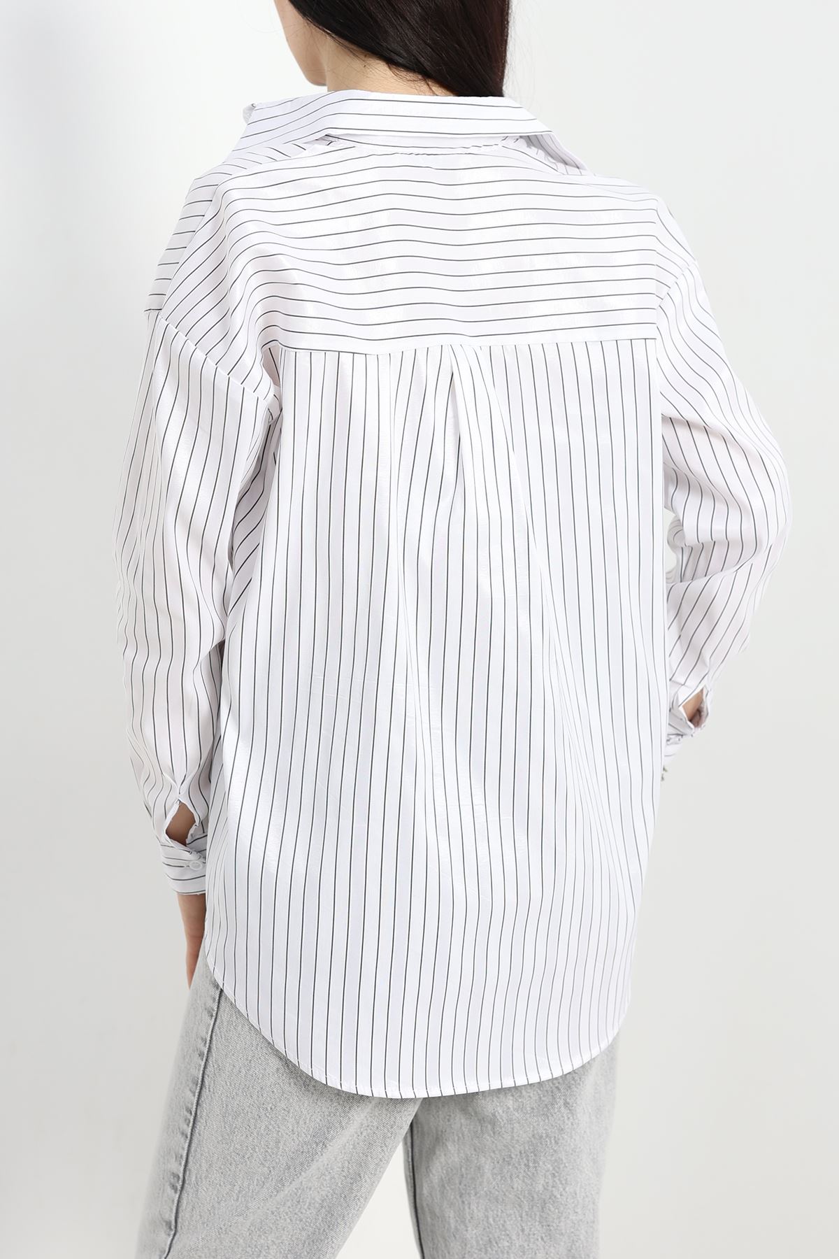 Çizgili Terikoton Gömlek Beyazsiyah - 80018.147.