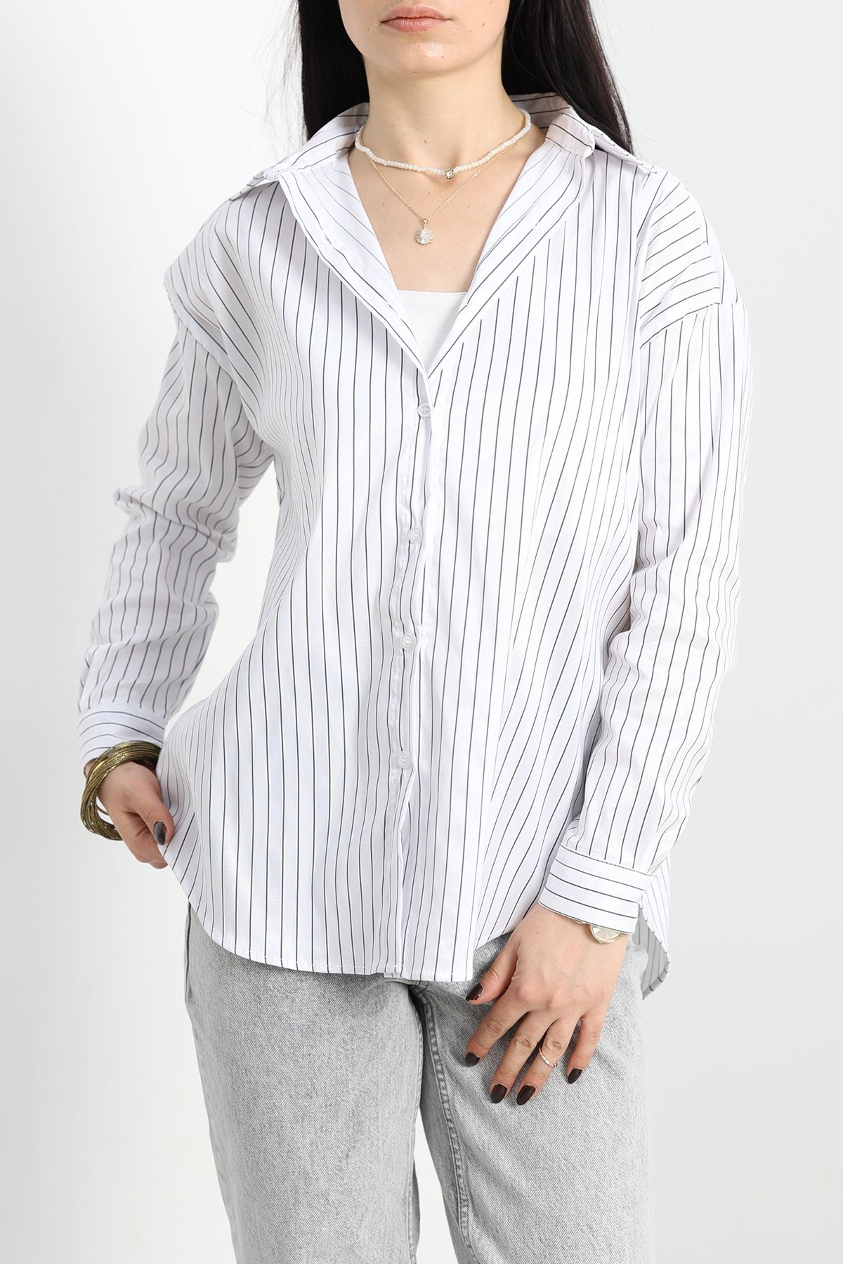Çizgili Terikoton Gömlek Beyazsiyah - 80018.147.