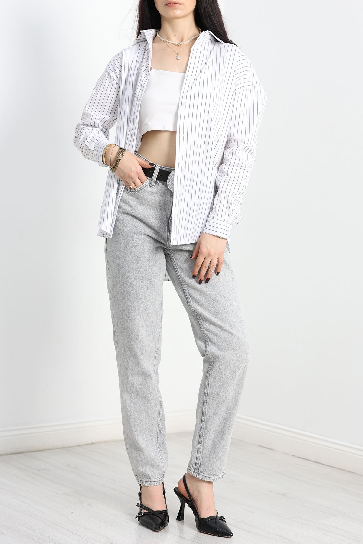 Çizgili Terikoton Gömlek Beyazsiyah - 80018.147.