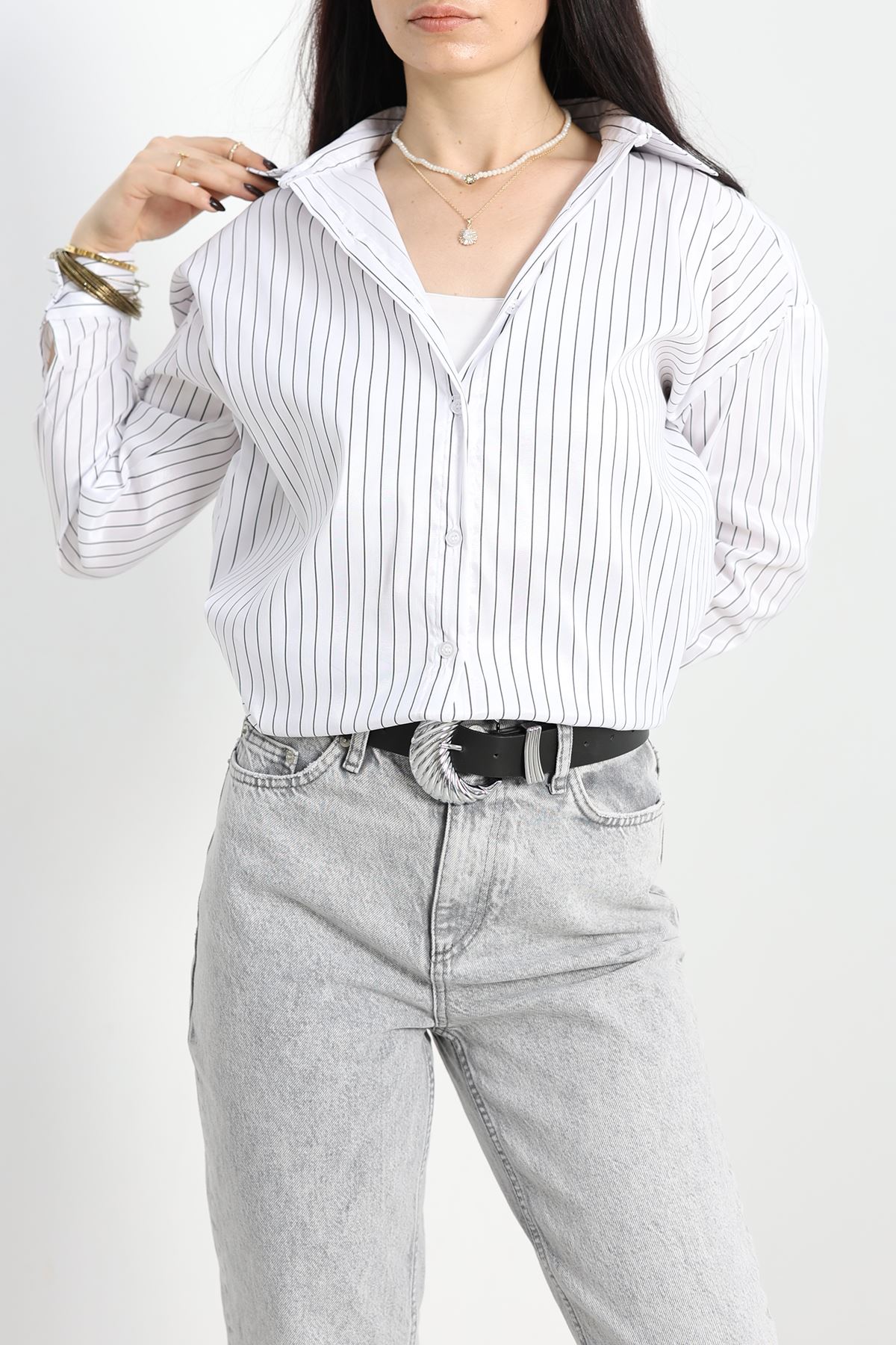 Çizgili Terikoton Gömlek Beyazsiyah - 80018.147.