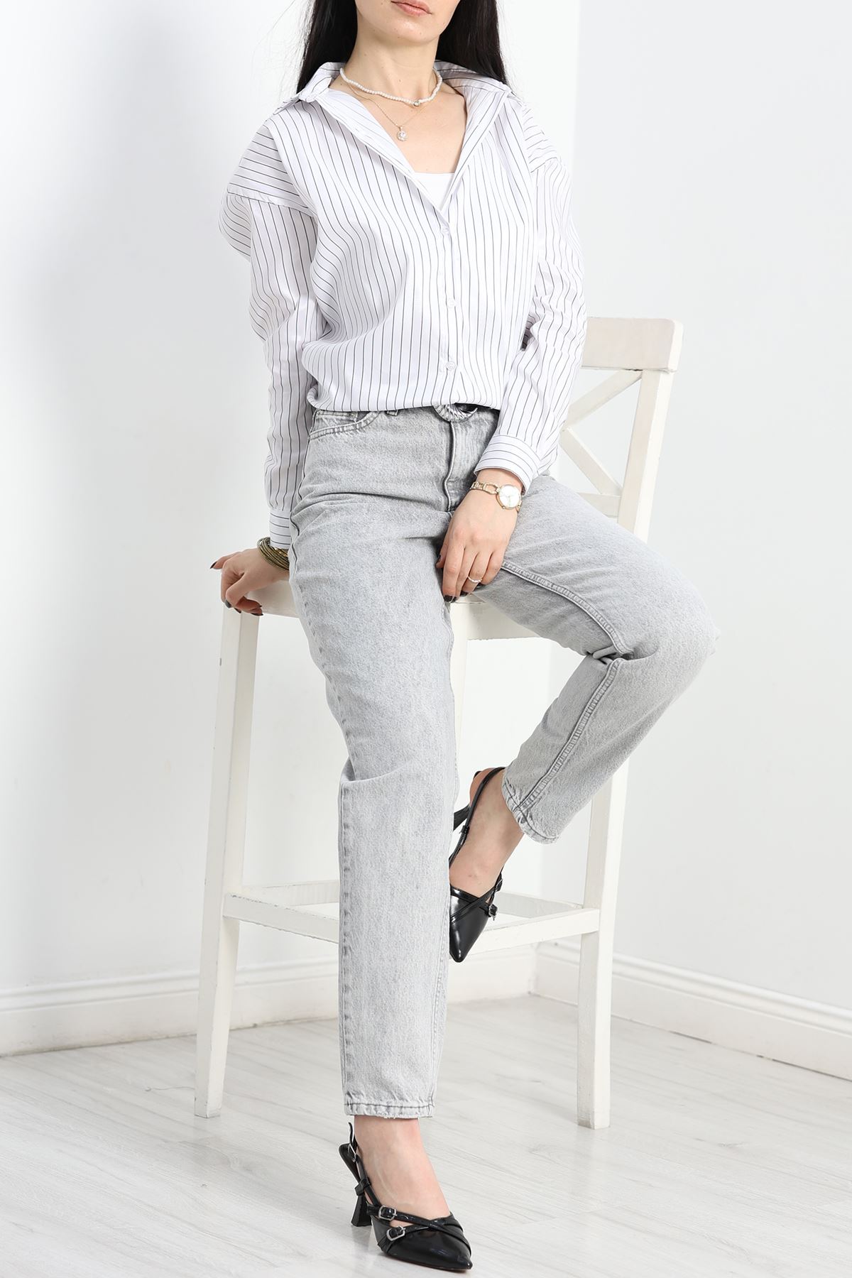 Çizgili Terikoton Gömlek Beyazsiyah - 80018.147.