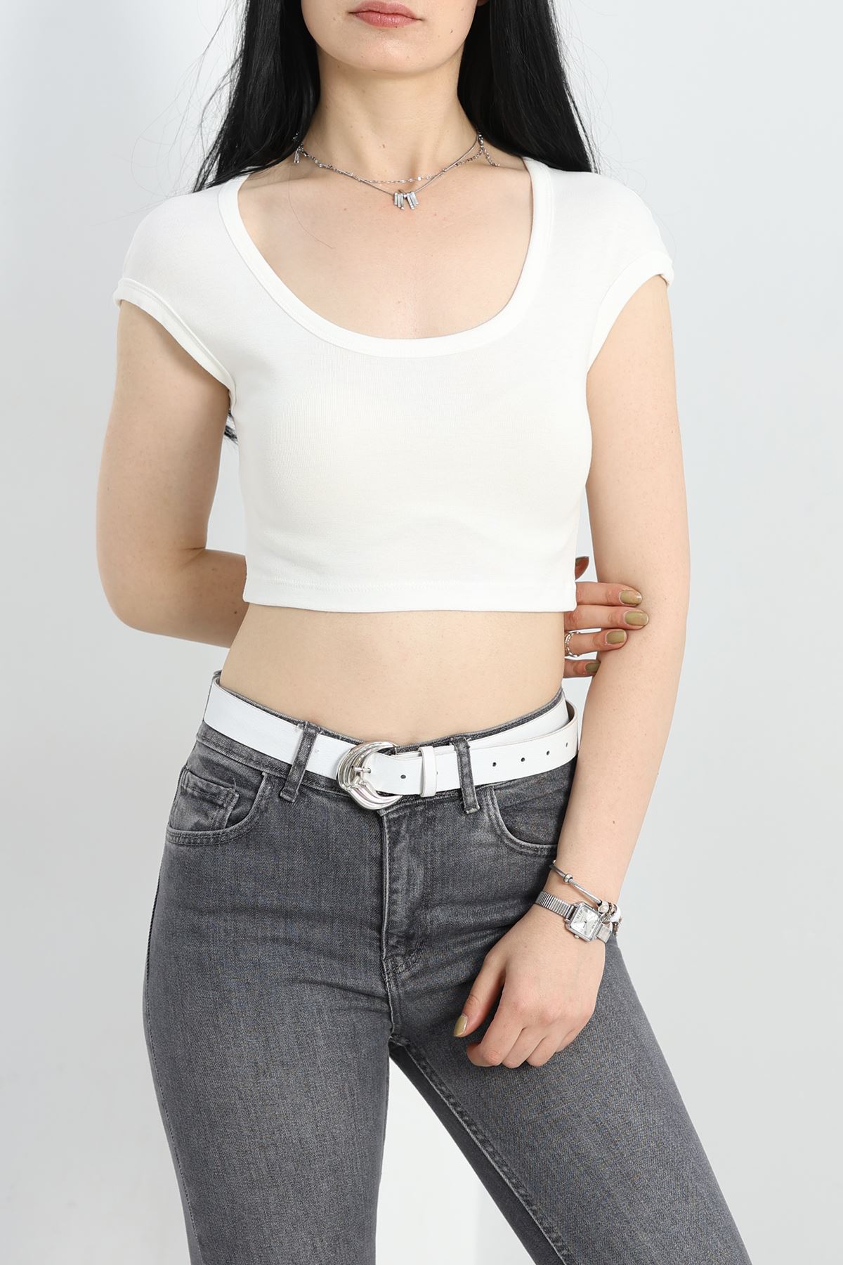 Geniş Yaka Crop Bluz Ekru - 41251.1723.