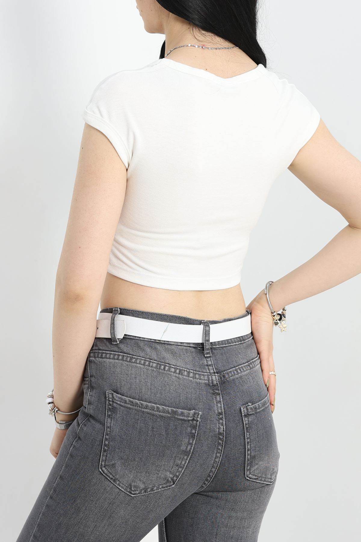 Geniş Yaka Crop Bluz Ekru - 41251.1723.