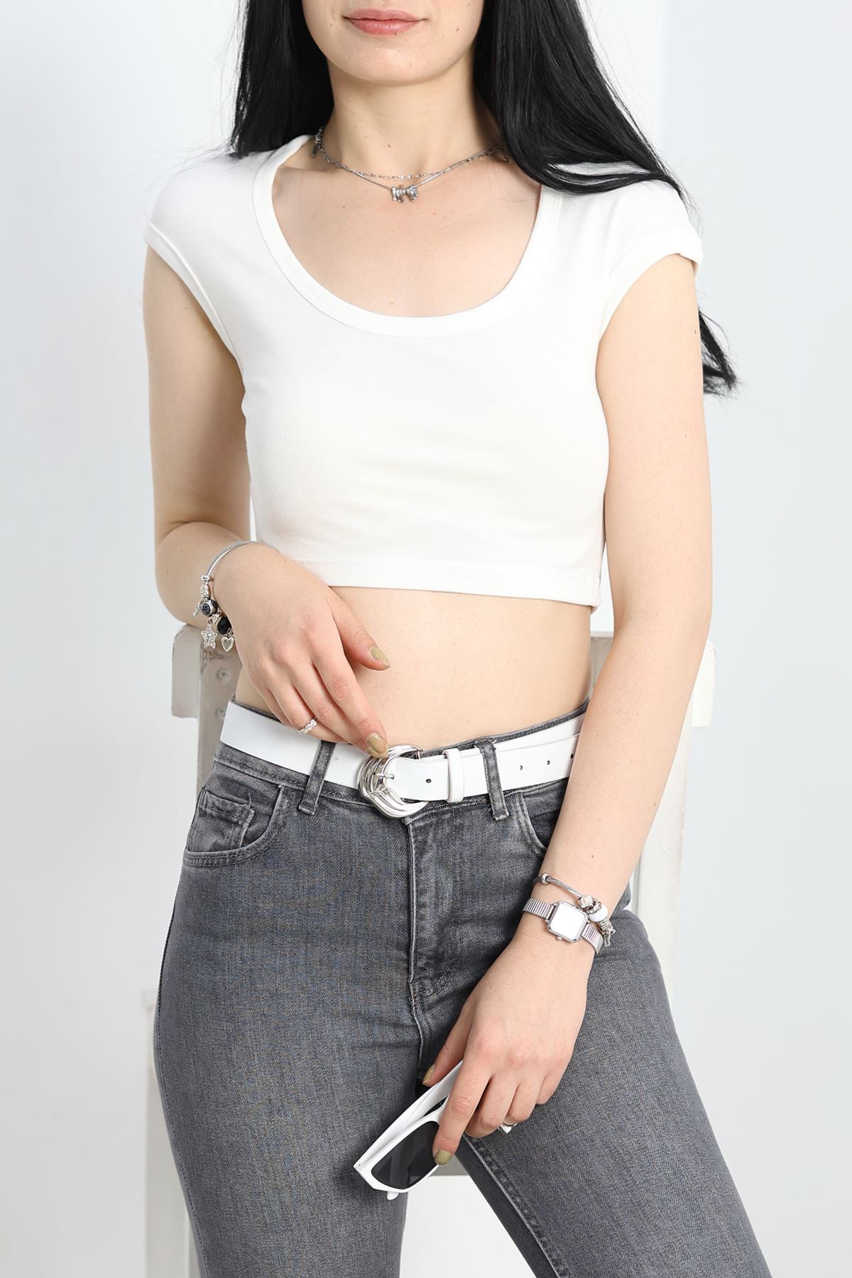 Geniş Yaka Crop Bluz Ekru - 41251.1723.