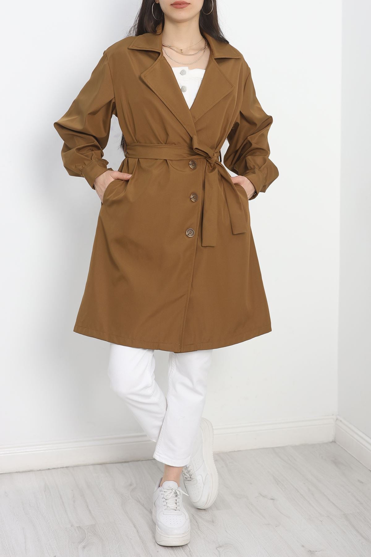 Kol Düğmeli Astarsız Trençkot Taba - 30372.1908.