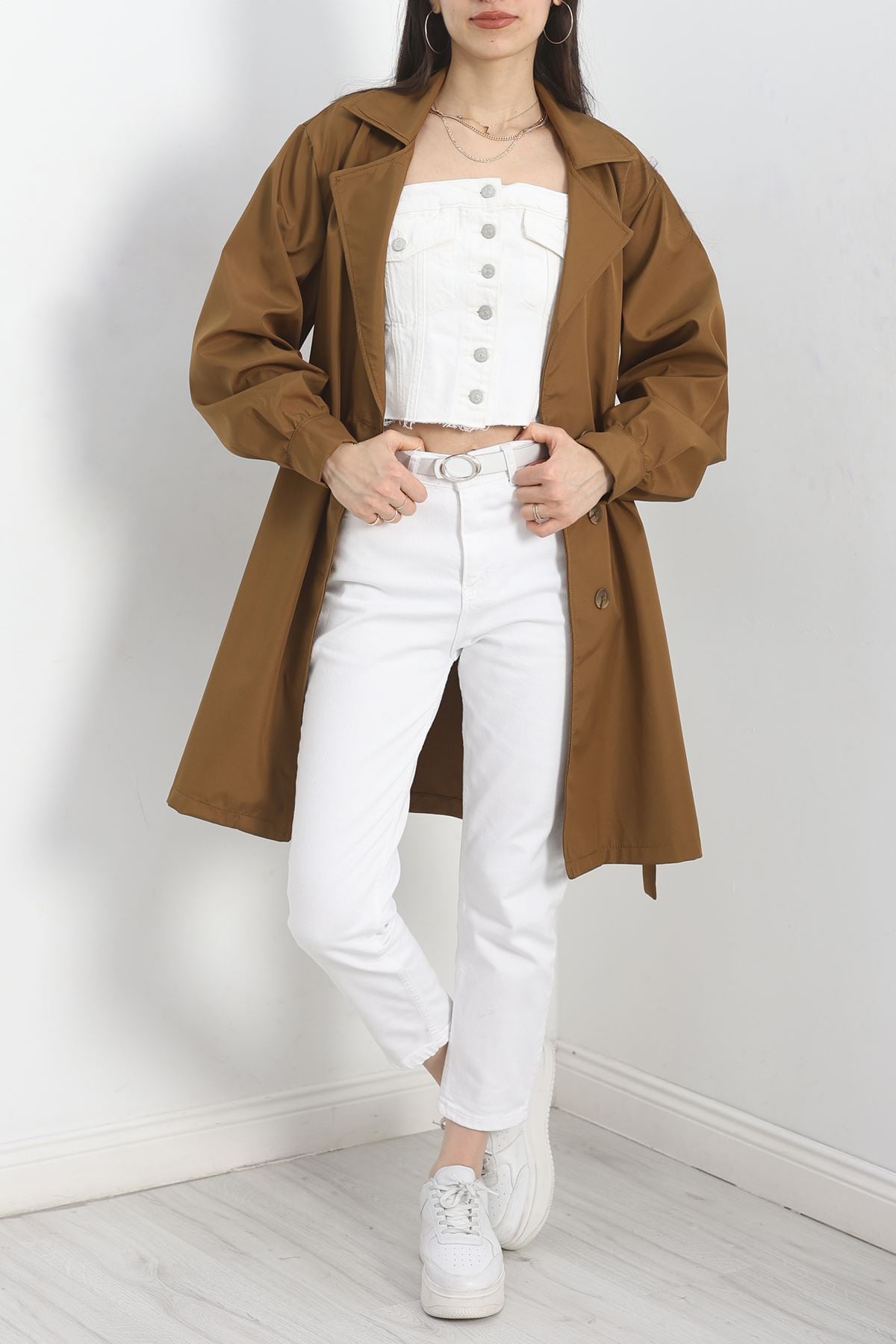 Kol Düğmeli Astarsız Trençkot Taba - 30372.1908.