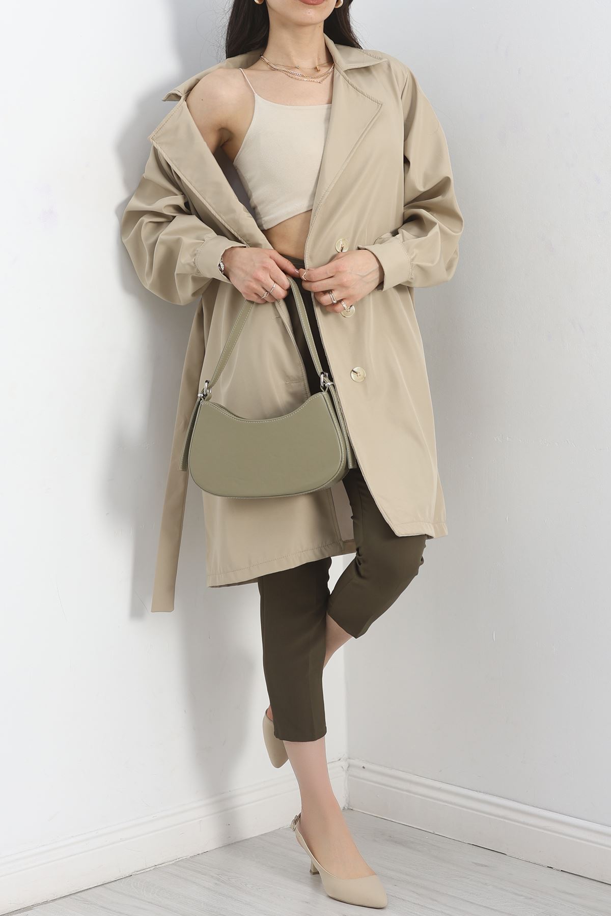 Kol Düğmeli Astarsız Trençkot Krem - 30372.1908.