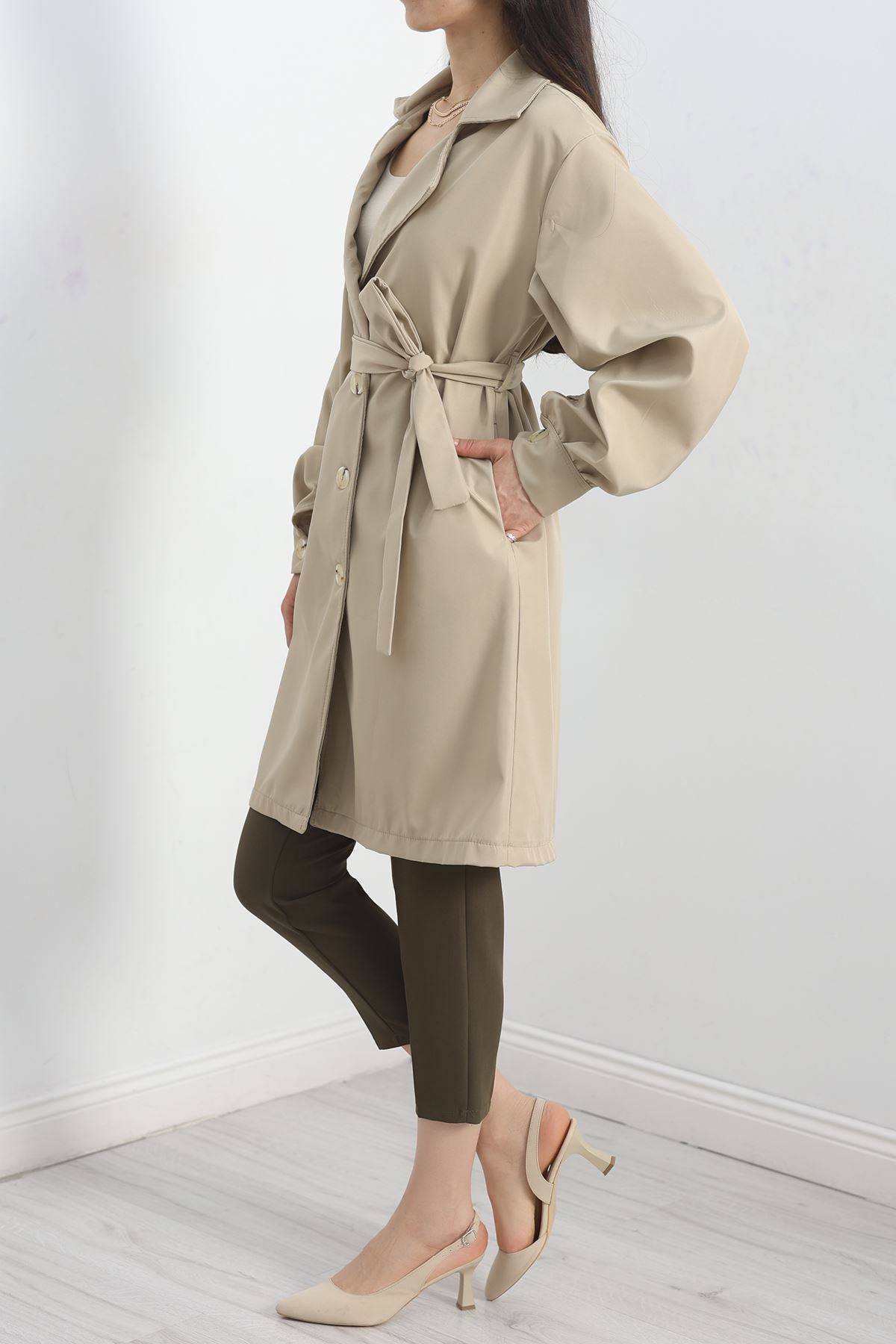 Kol Düğmeli Astarsız Trençkot Krem - 30372.1908.