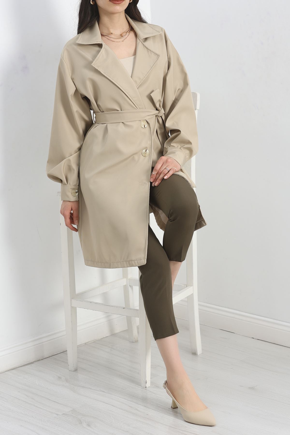 Kol Düğmeli Astarsız Trençkot Krem - 30372.1908.