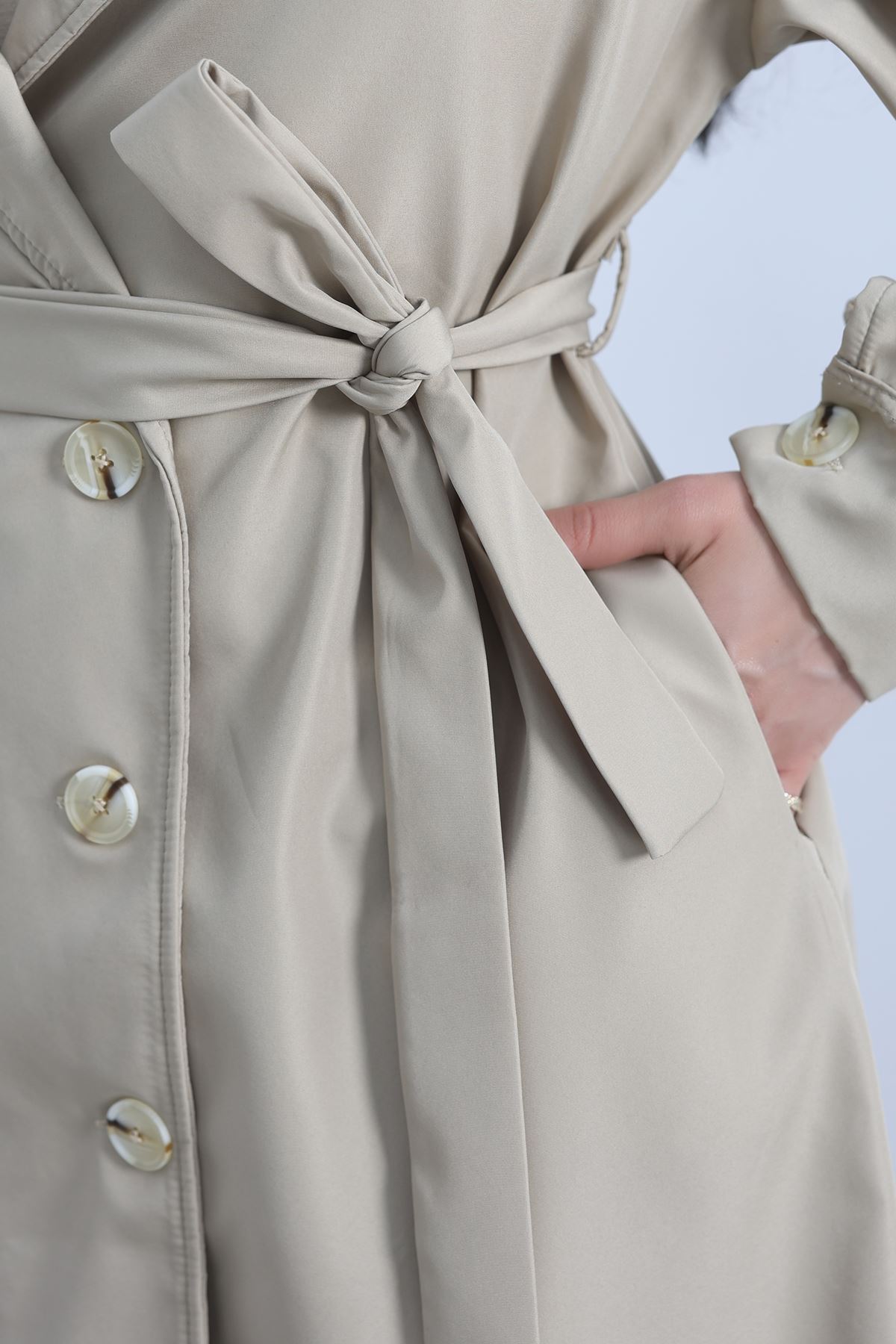 Kol Düğmeli Astarsız Trençkot Krem - 30372.1908.