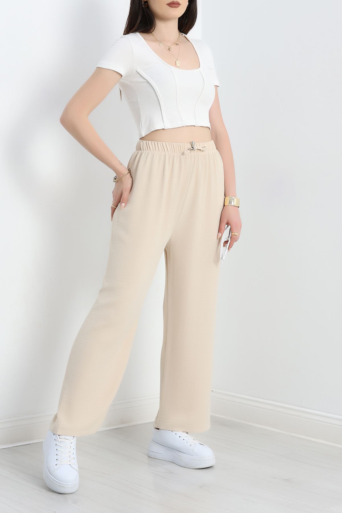 Büyük Beden Ayrobin Lastikli Pantolon Bej - 41541.701.