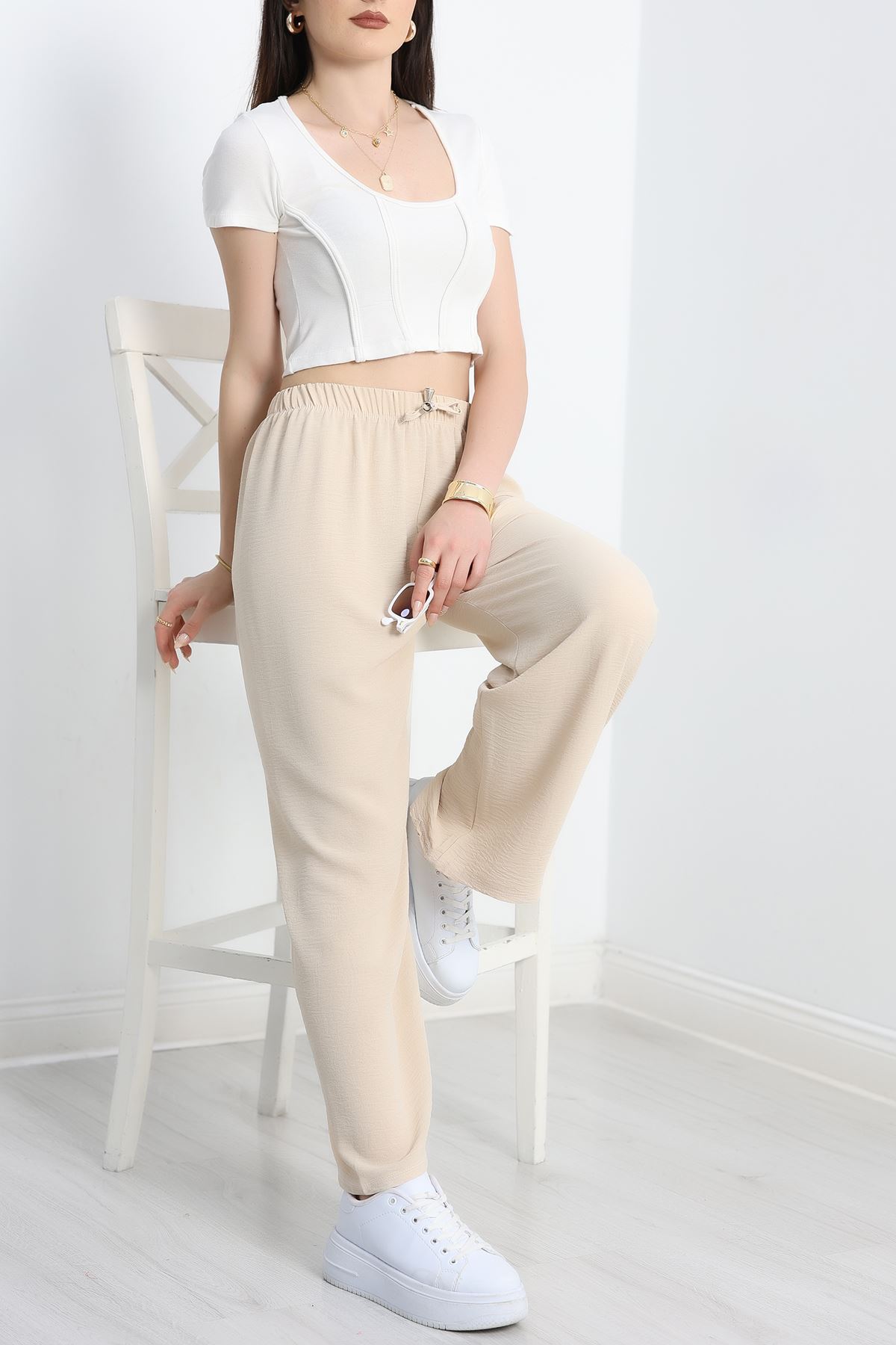 Büyük Beden Ayrobin Lastikli Pantolon Bej - 41541.701.