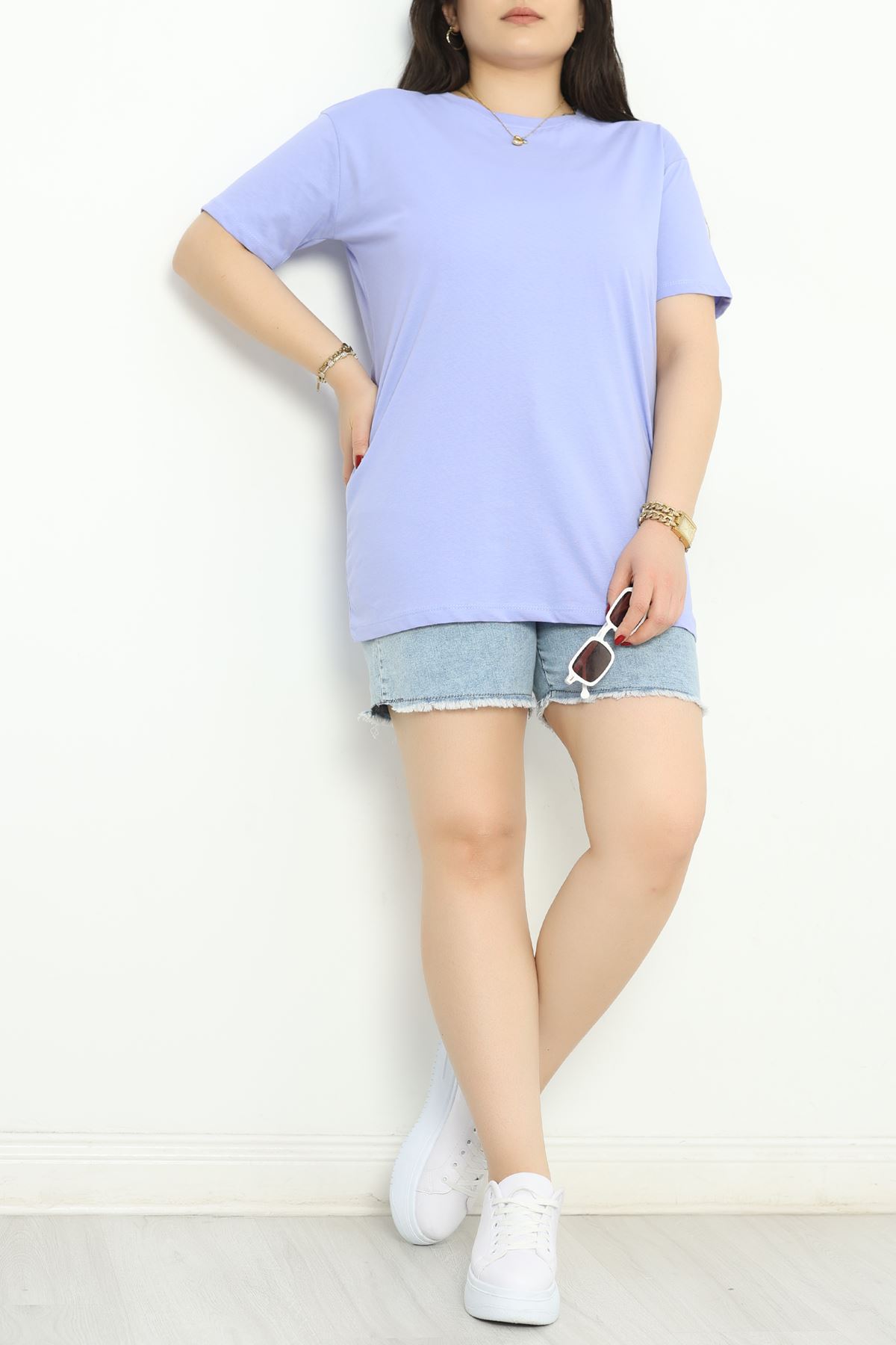 Büyük Beden Bisiklet Yaka Lüks Penye Tişört Lila - 80666.1878.