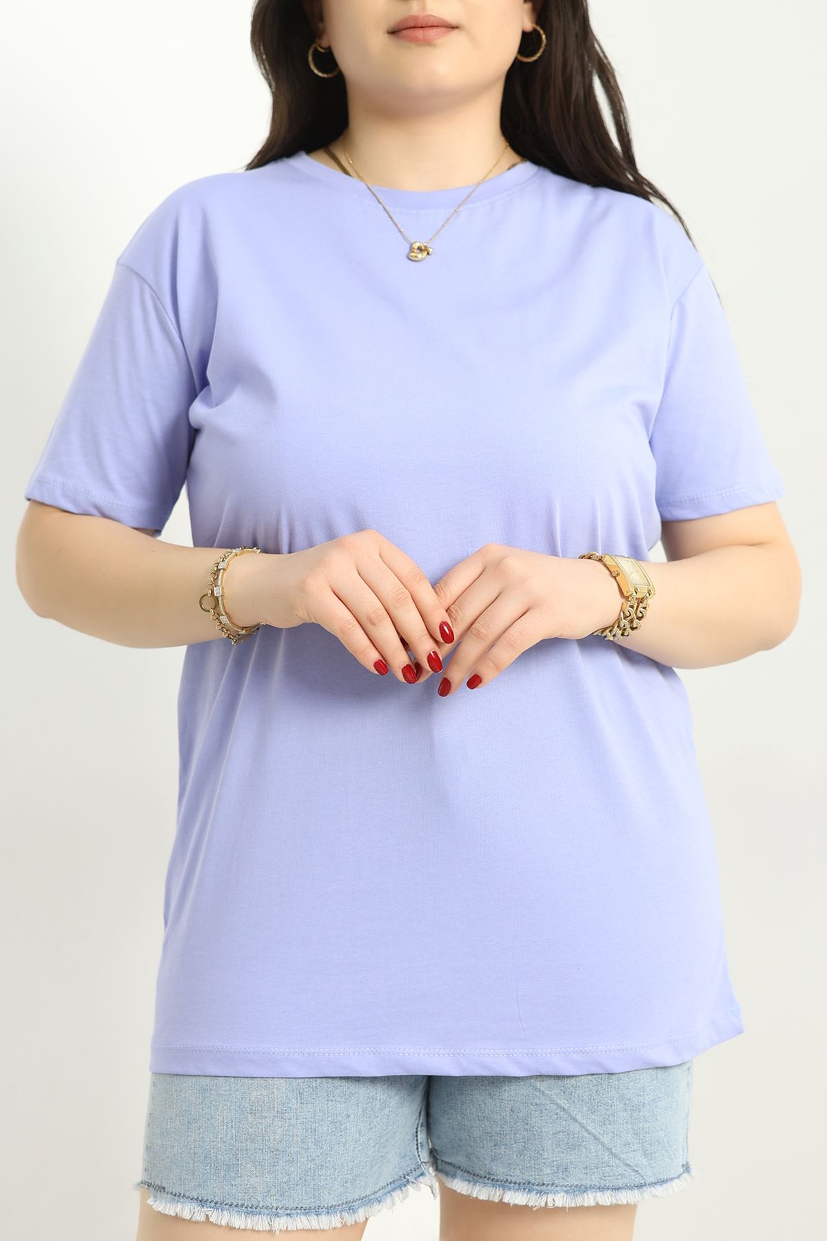 Büyük Beden Bisiklet Yaka Lüks Penye Tişört Lila - 80666.1878.