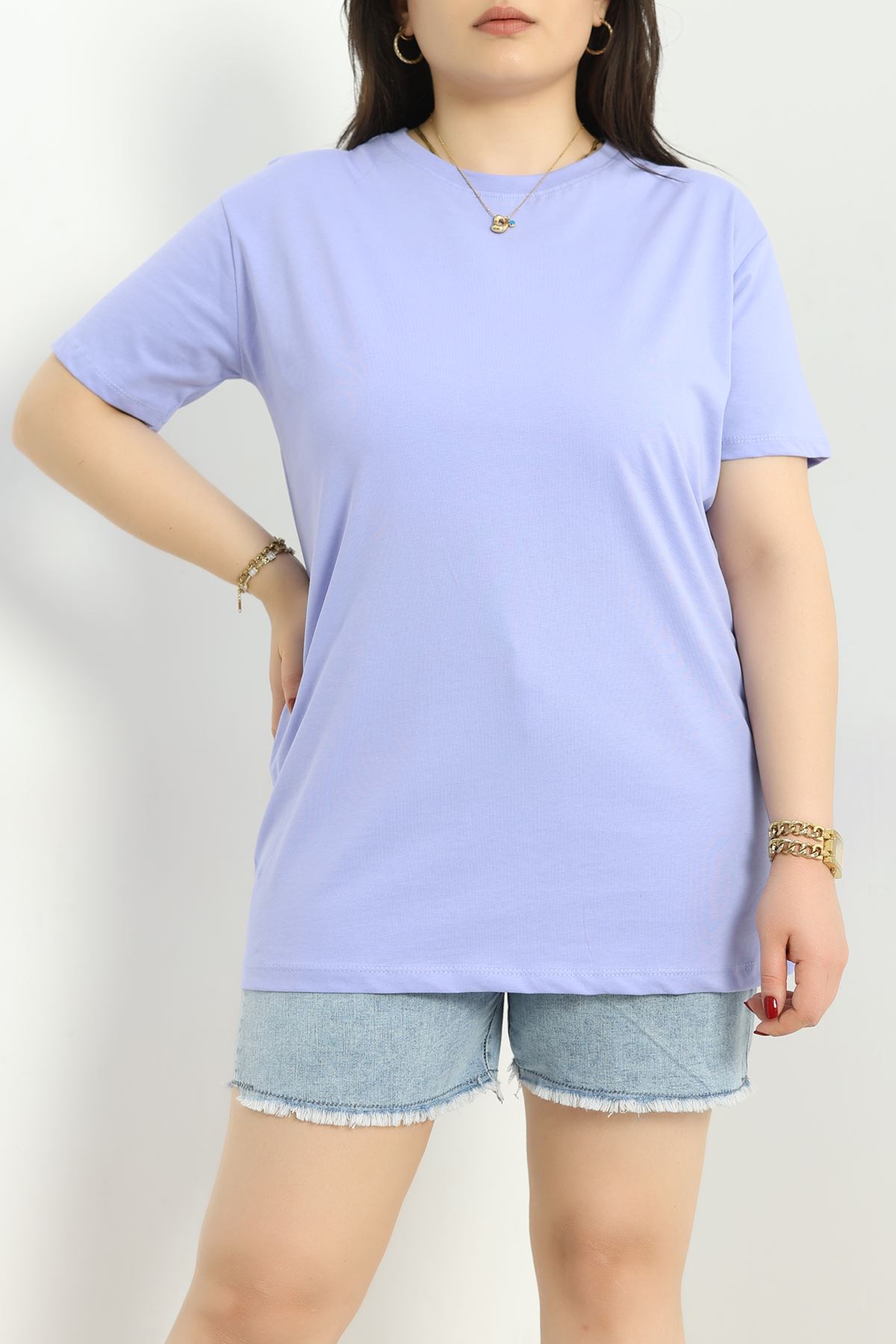 Büyük Beden Bisiklet Yaka Lüks Penye Tişört Lila - 80666.1878.