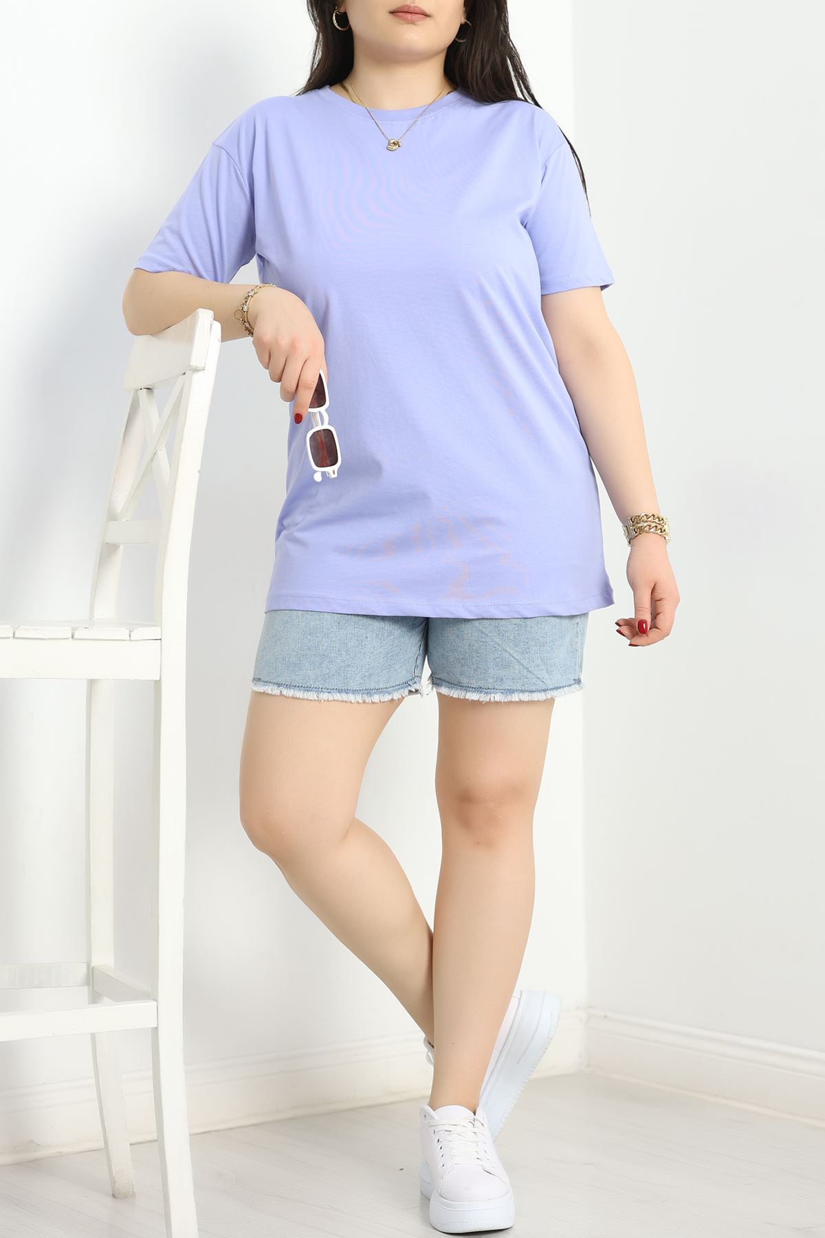 Büyük Beden Bisiklet Yaka Lüks Penye Tişört Lila - 80666.1878.