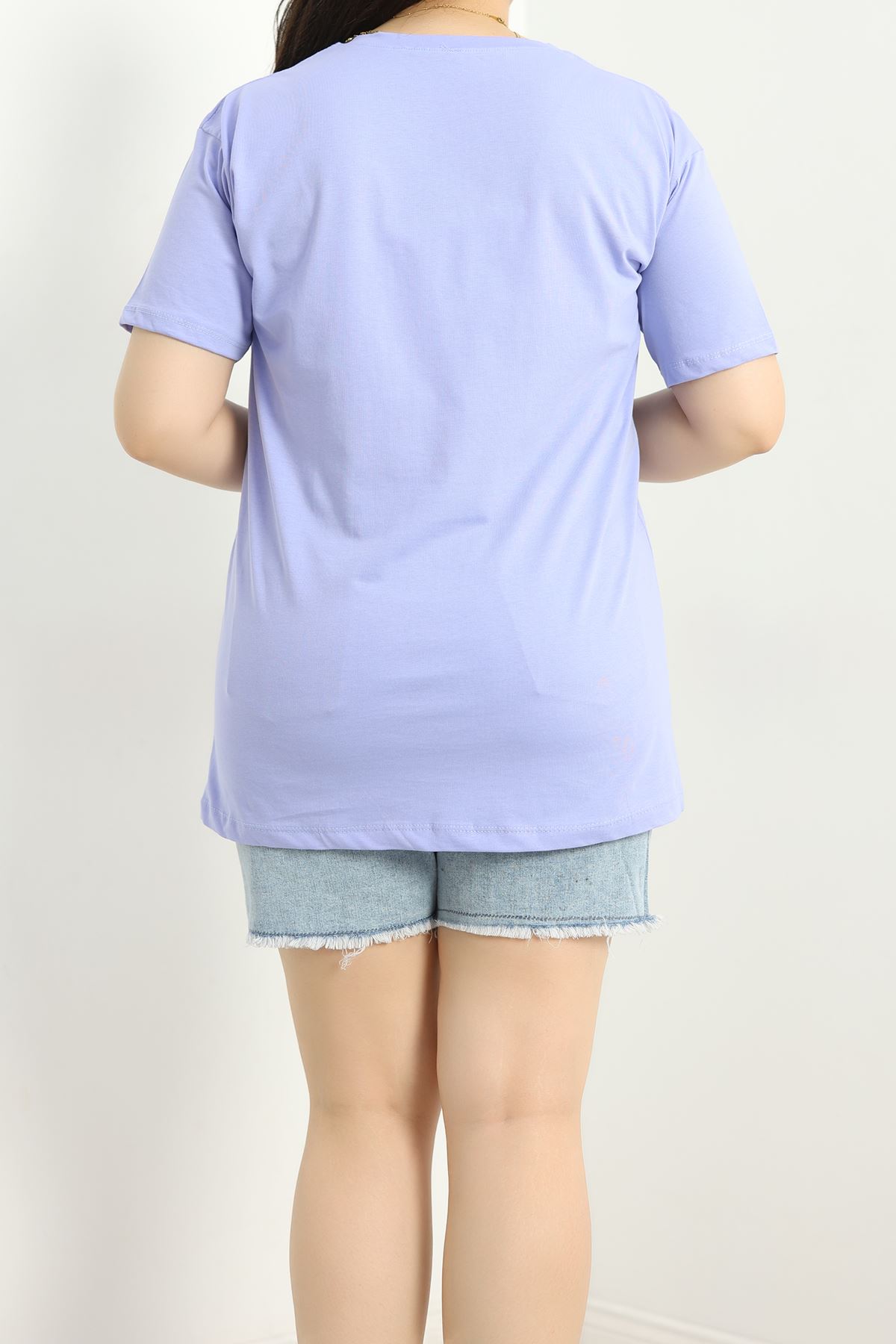 Büyük Beden Bisiklet Yaka Lüks Penye Tişört Lila - 80666.1878.