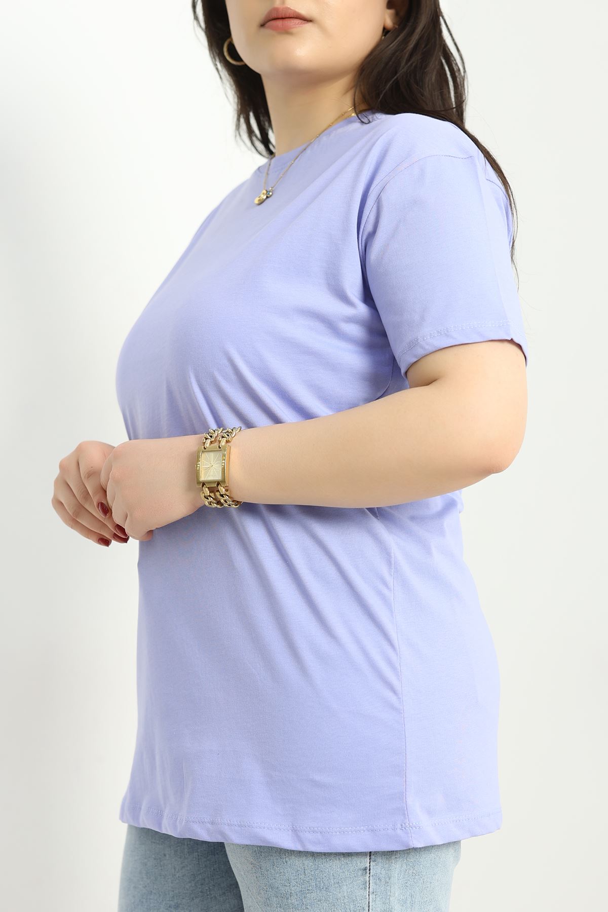 Büyük Beden Bisiklet Yaka Lüks Penye Tişört Lila - 80666.1878.