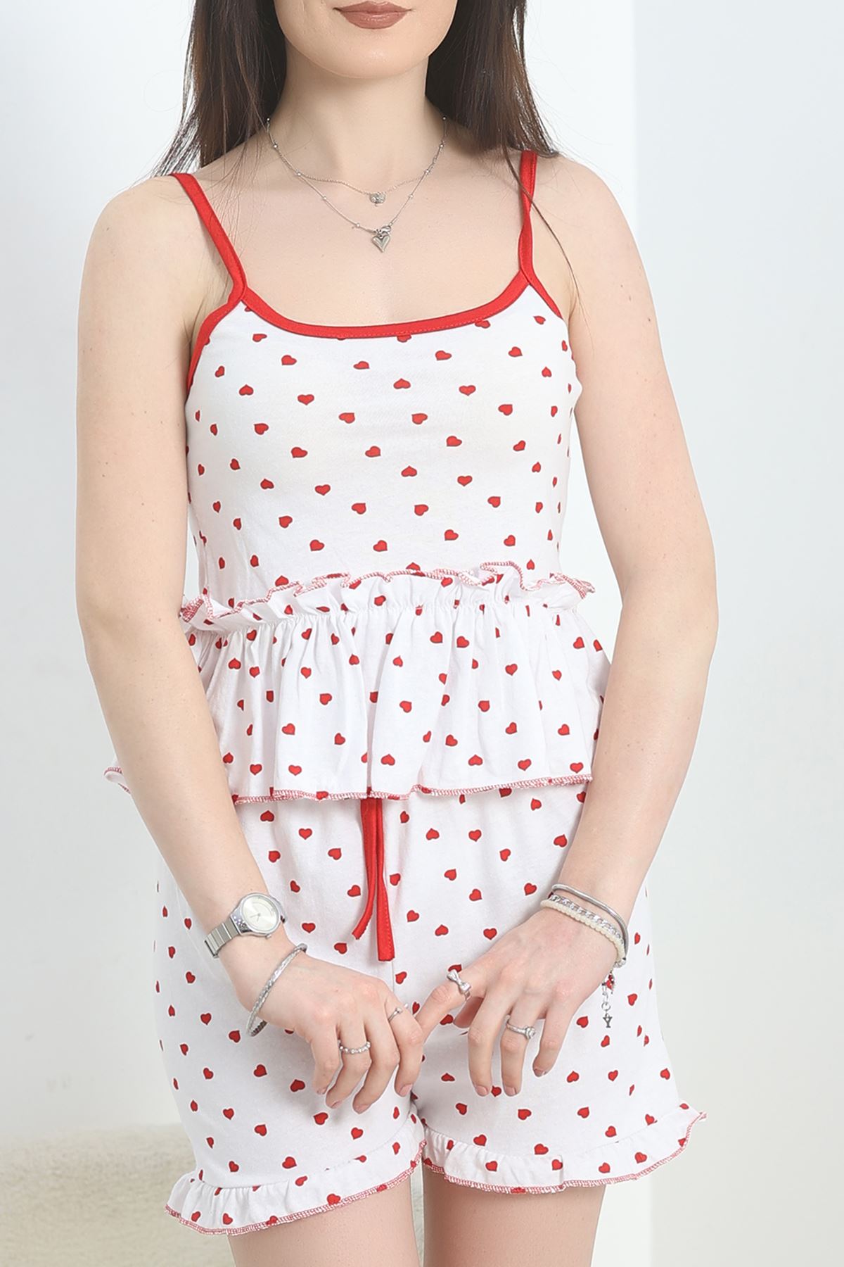 İp Askılı Şortlu Takım Kırmızıbeyaz - 50081.1857.