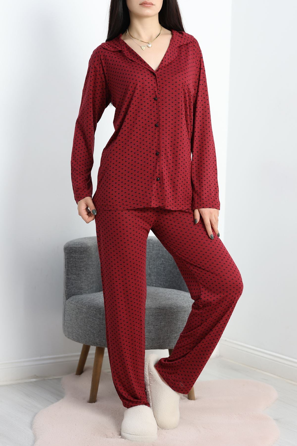 Viskon Düğmeli Pijama Takımı Bordo - 40408.1950.