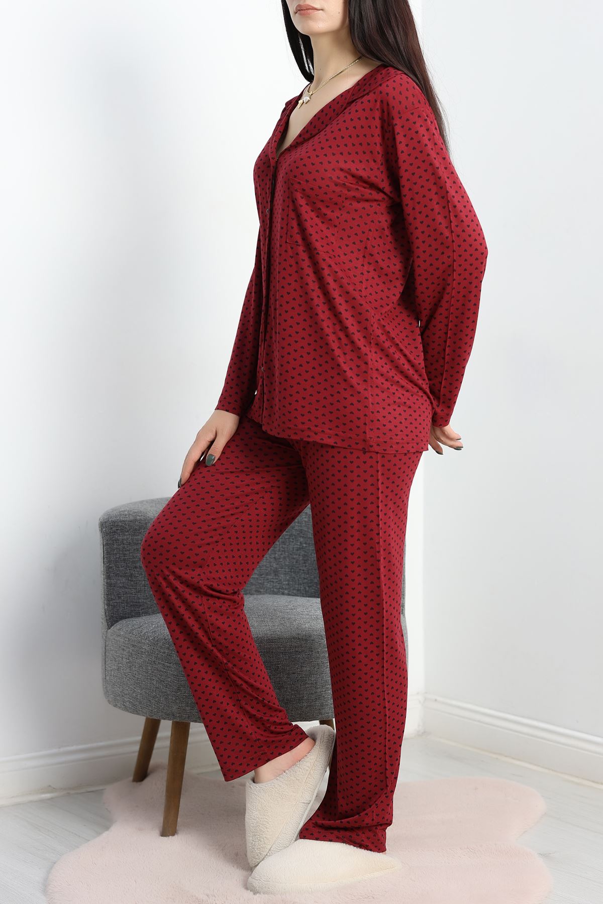 Viskon Düğmeli Pijama Takımı Bordo - 40408.1950.