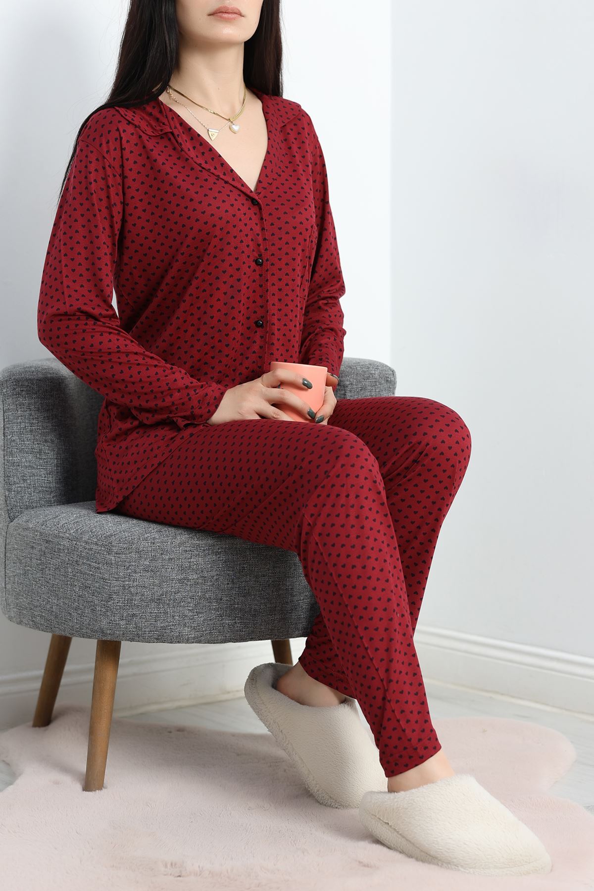 Viskon Düğmeli Pijama Takımı Bordo - 40408.1950.