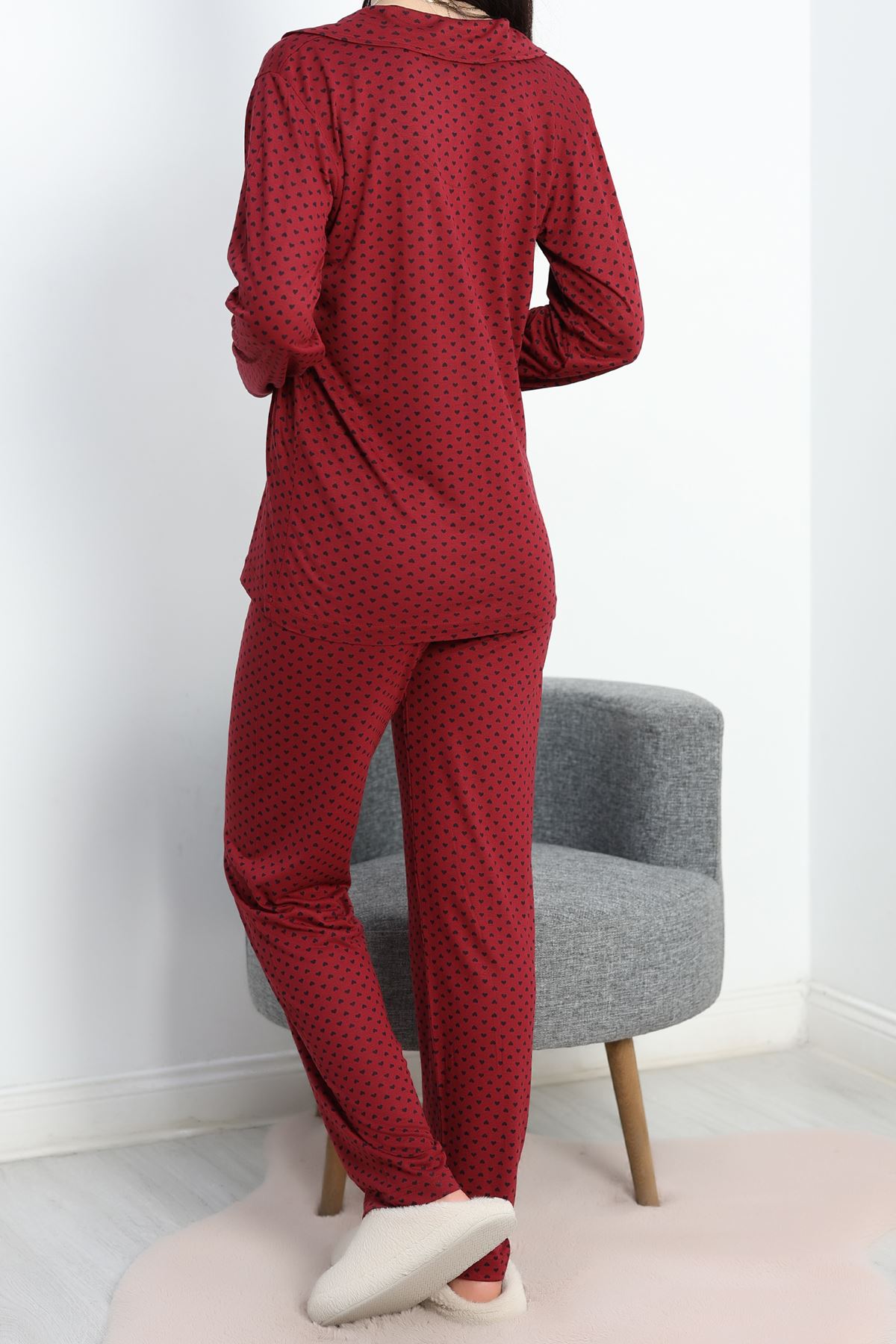 Viskon Düğmeli Pijama Takımı Bordo - 40408.1950.