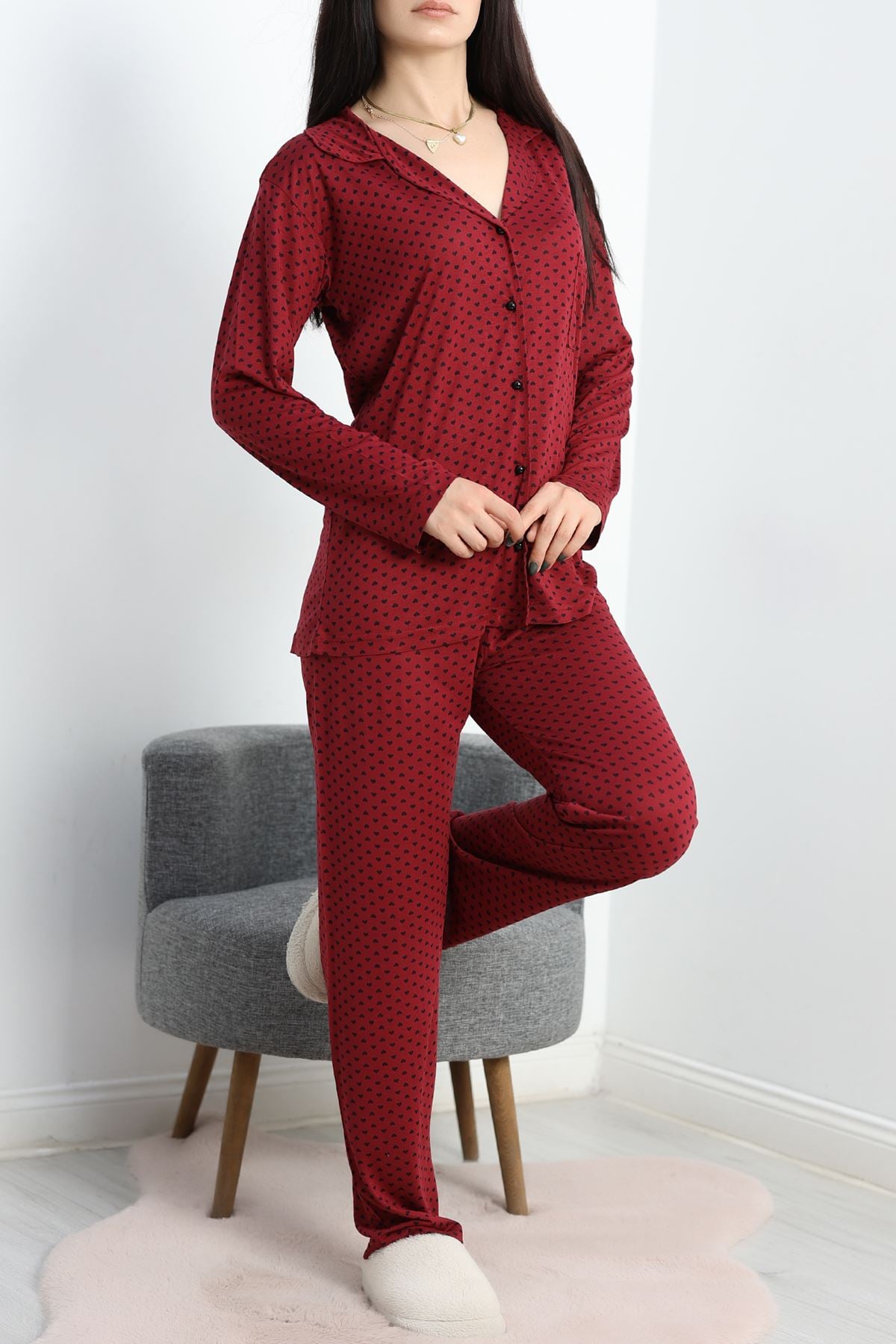 Viskon Düğmeli Pijama Takımı Bordo - 40408.1950.
